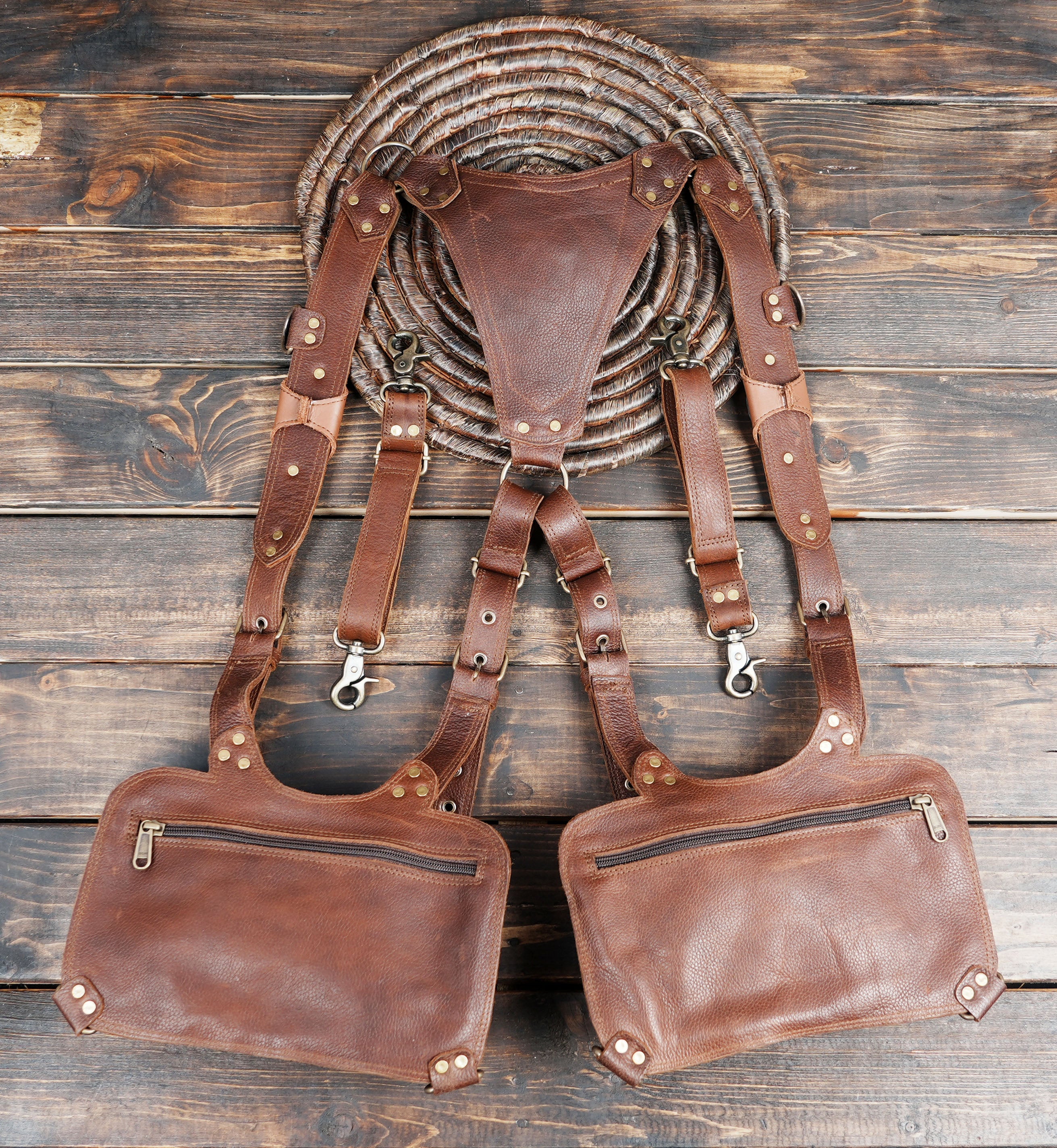 Stylish brown leather shoulder holster with gemstone inlay