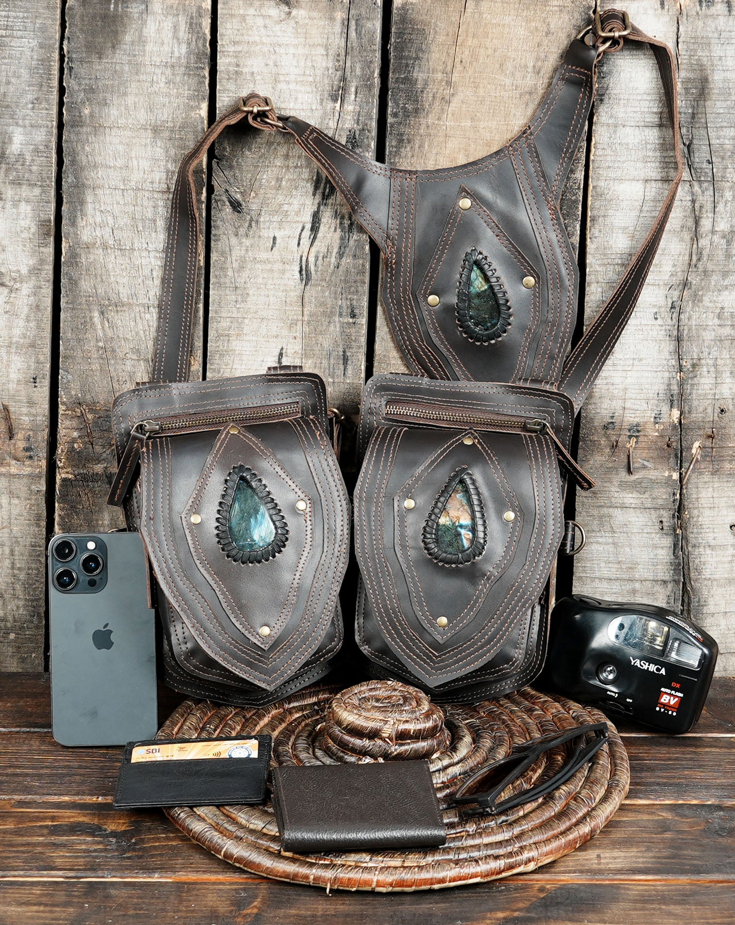 Rustic Leather Holster Bag, Travel Rustic Outdoor Holster with gemstone with zipper 