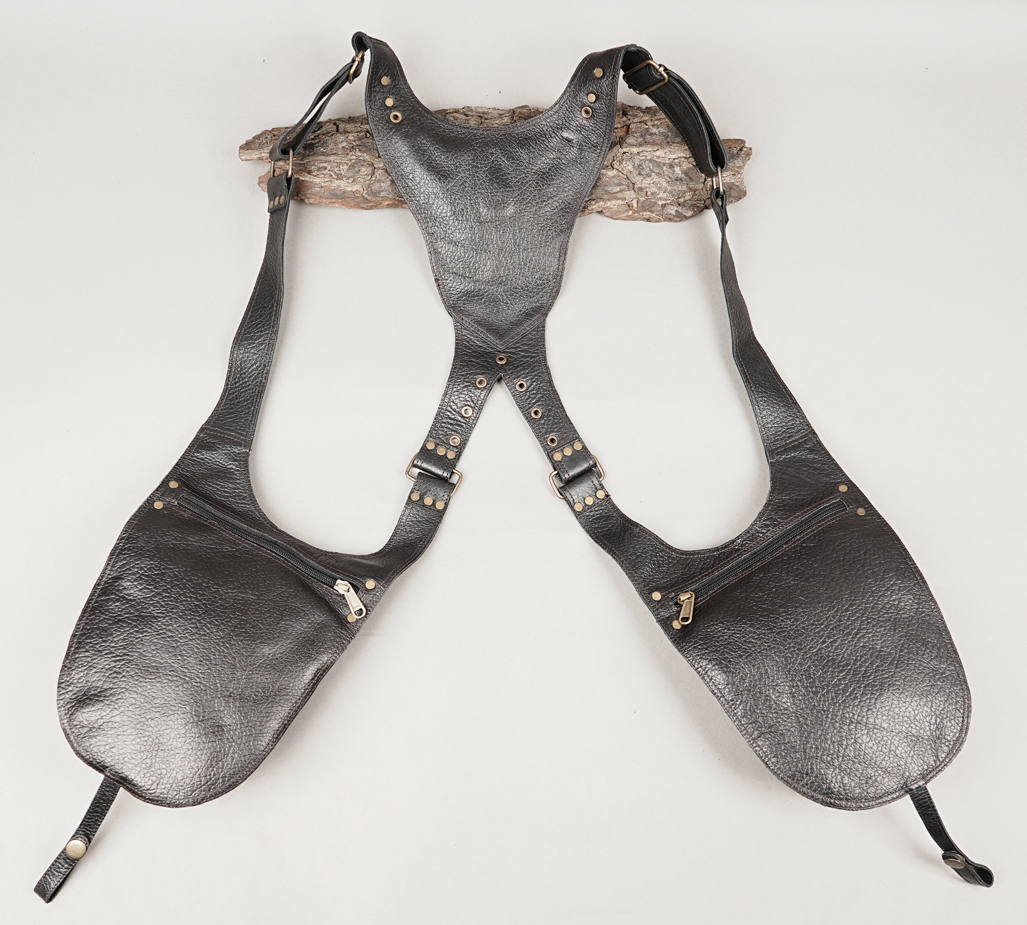 Rustic leather holster rig with tribal design and gemstone accent