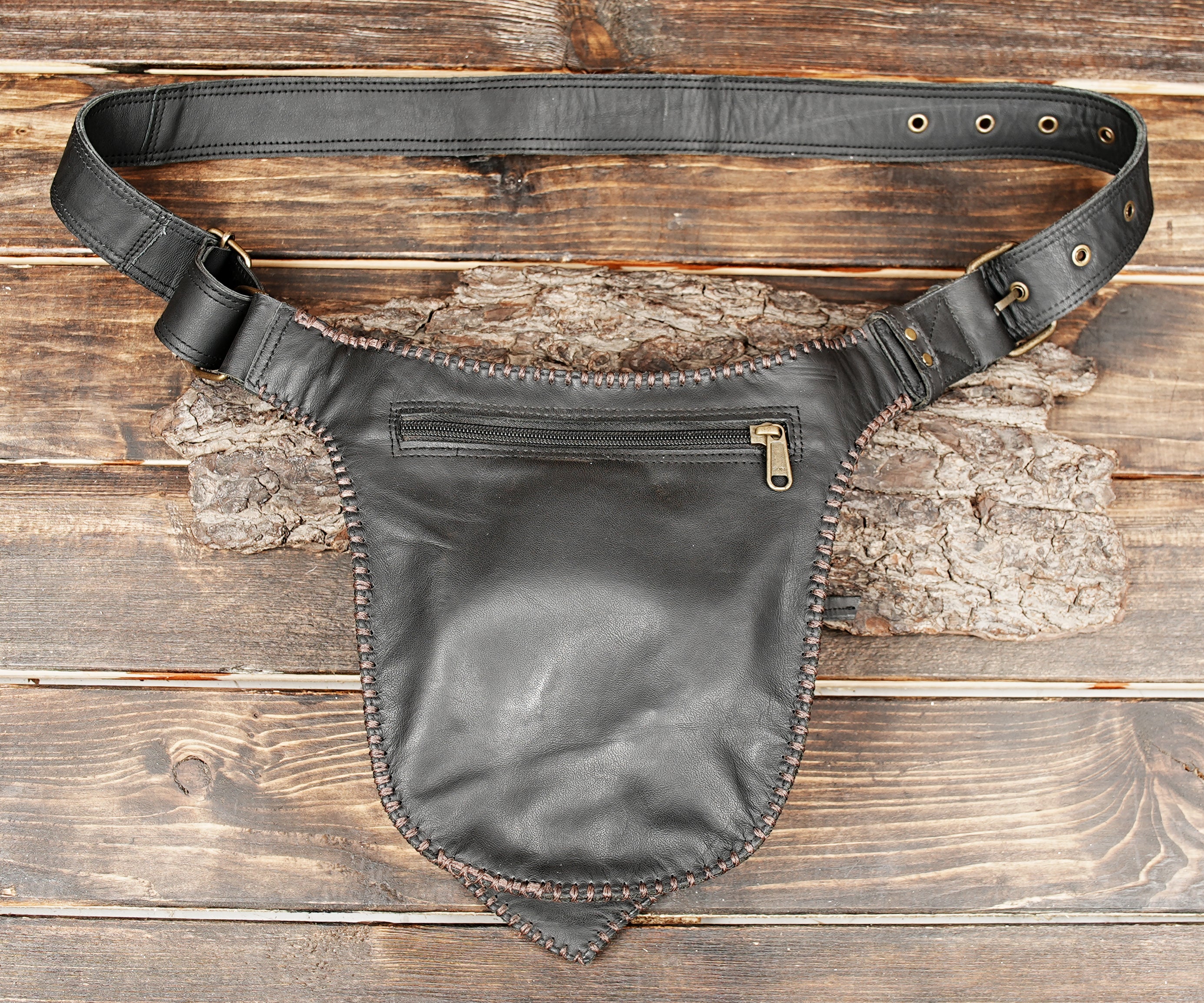 Adjustable leather belt pouch for men and women with gemstone