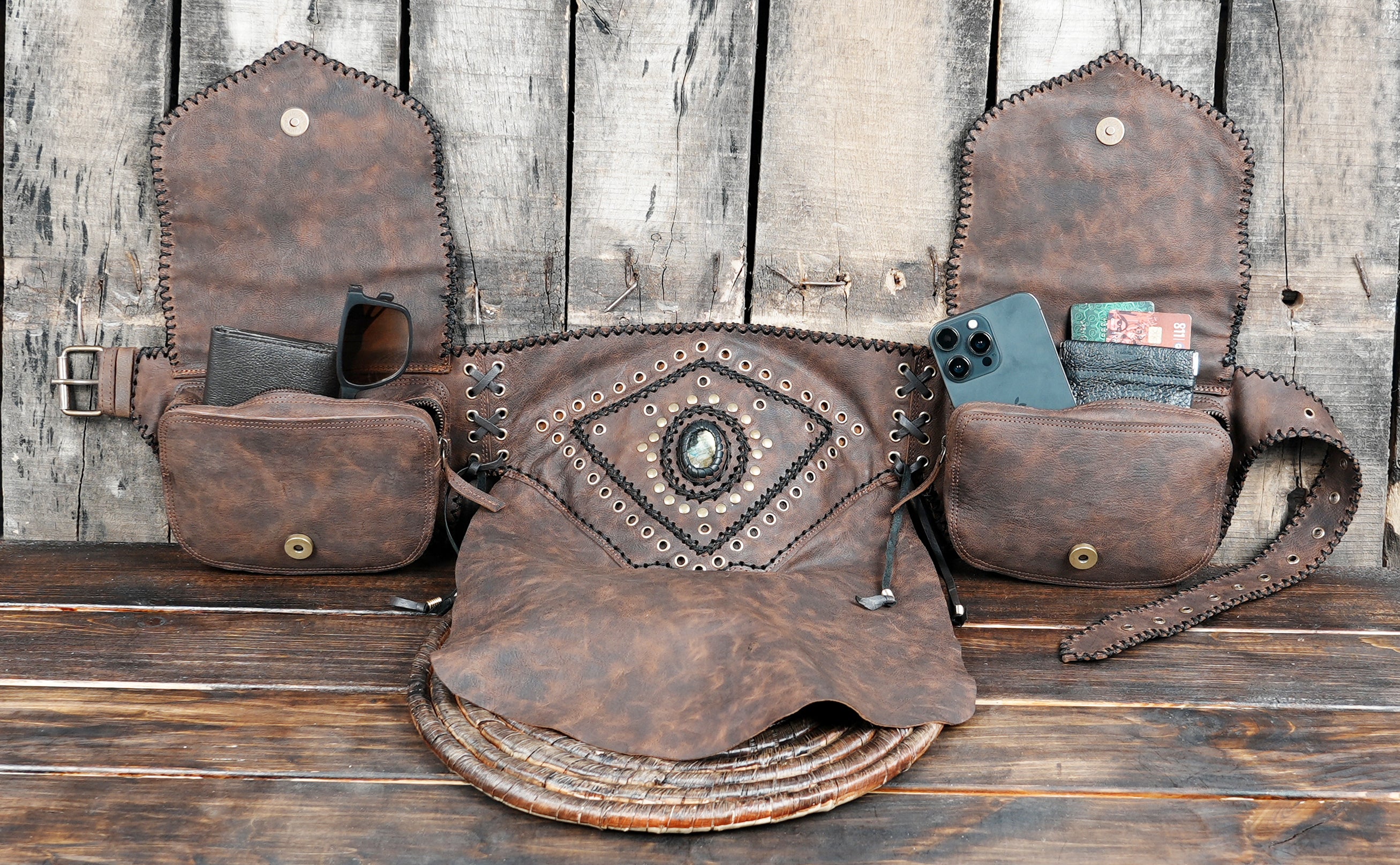Brown tribal leather waist belt with gemstone centerpiece