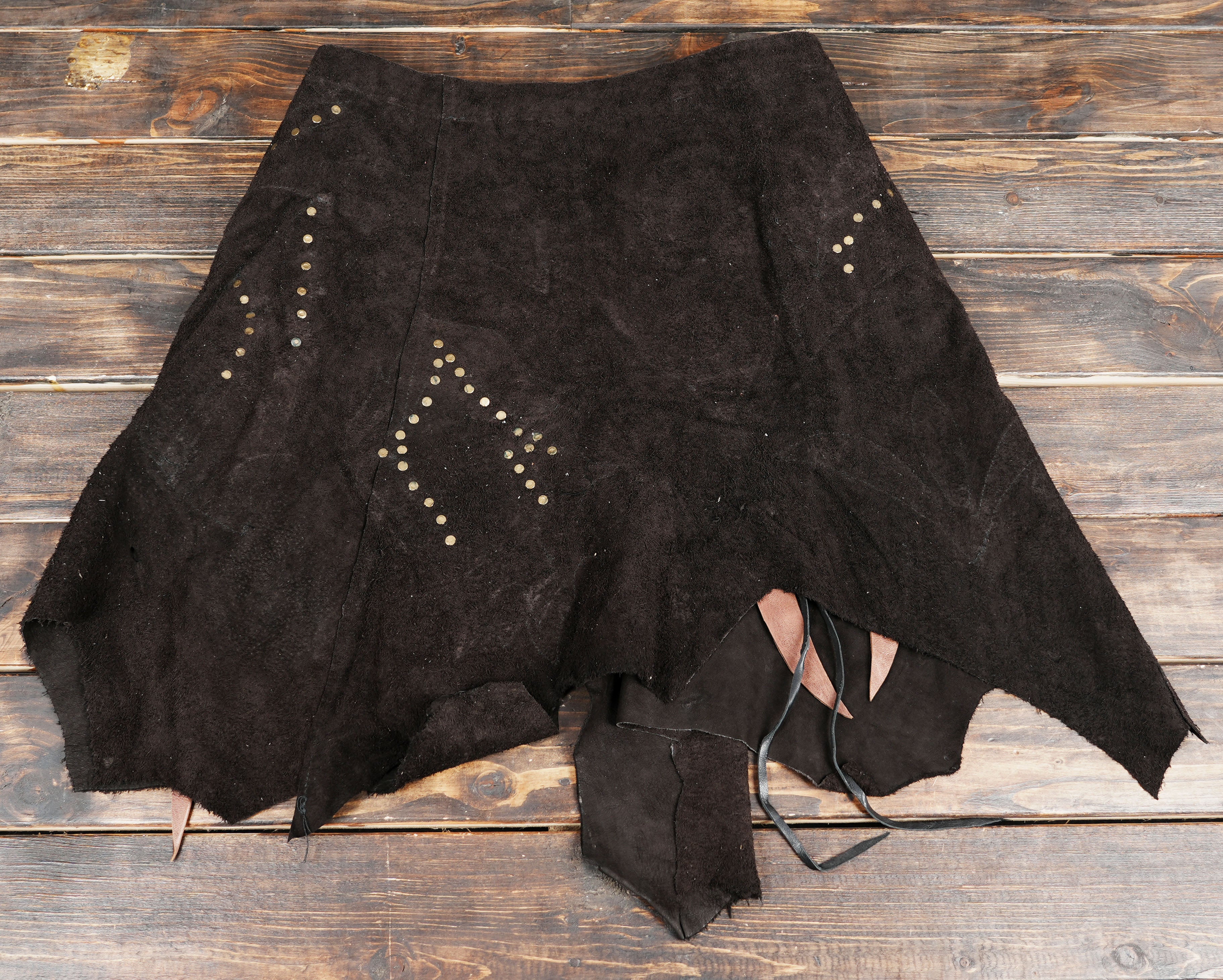 Steampunk leather belt skirt with rivet and gemstone decoration