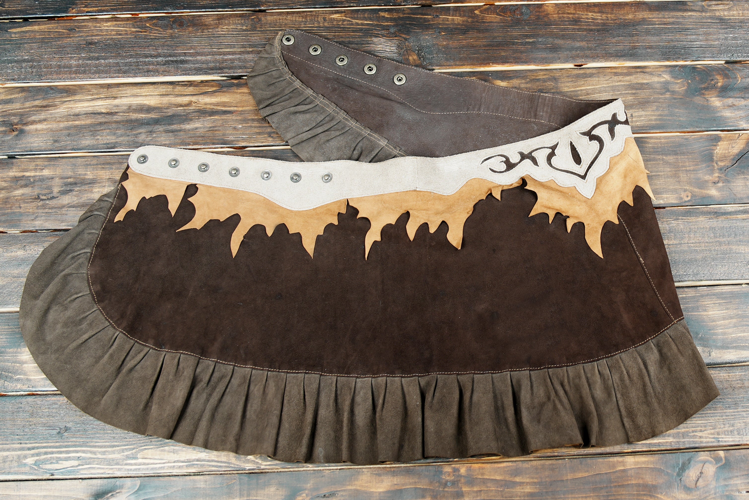 “Rustic Boho Leather Skirt with Tribal Accents – Handmade Festival Outfit