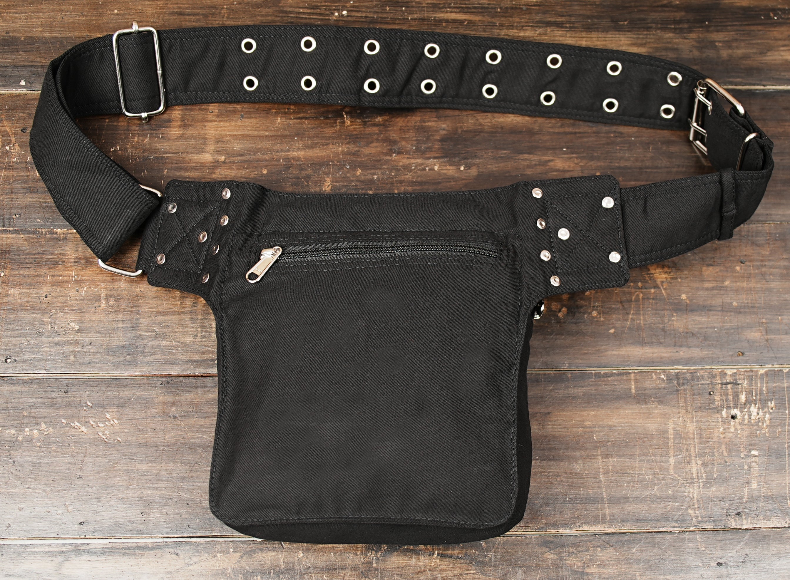 Cotton hip bag with adjustable belt and studded flap