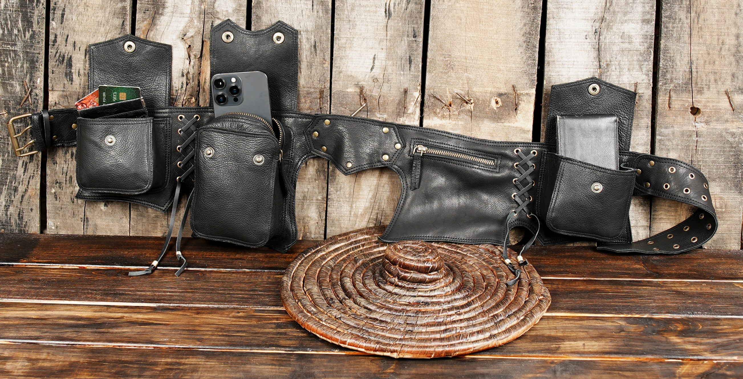 High-quality black leather utility bag for Western or biker fashion