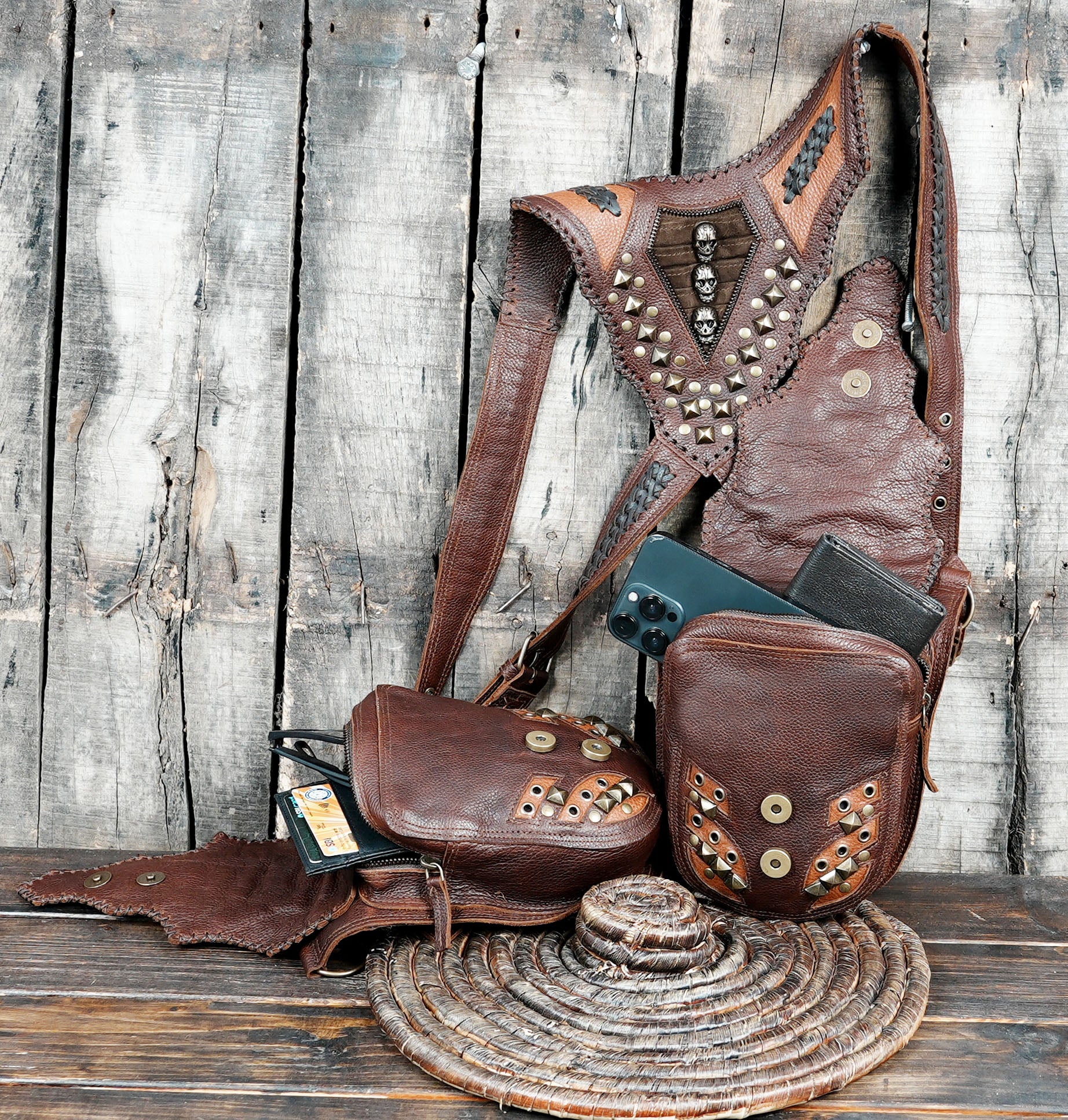 “Dual-pouch leather chest holster for festivals, cosplay, or motorcycle gear”