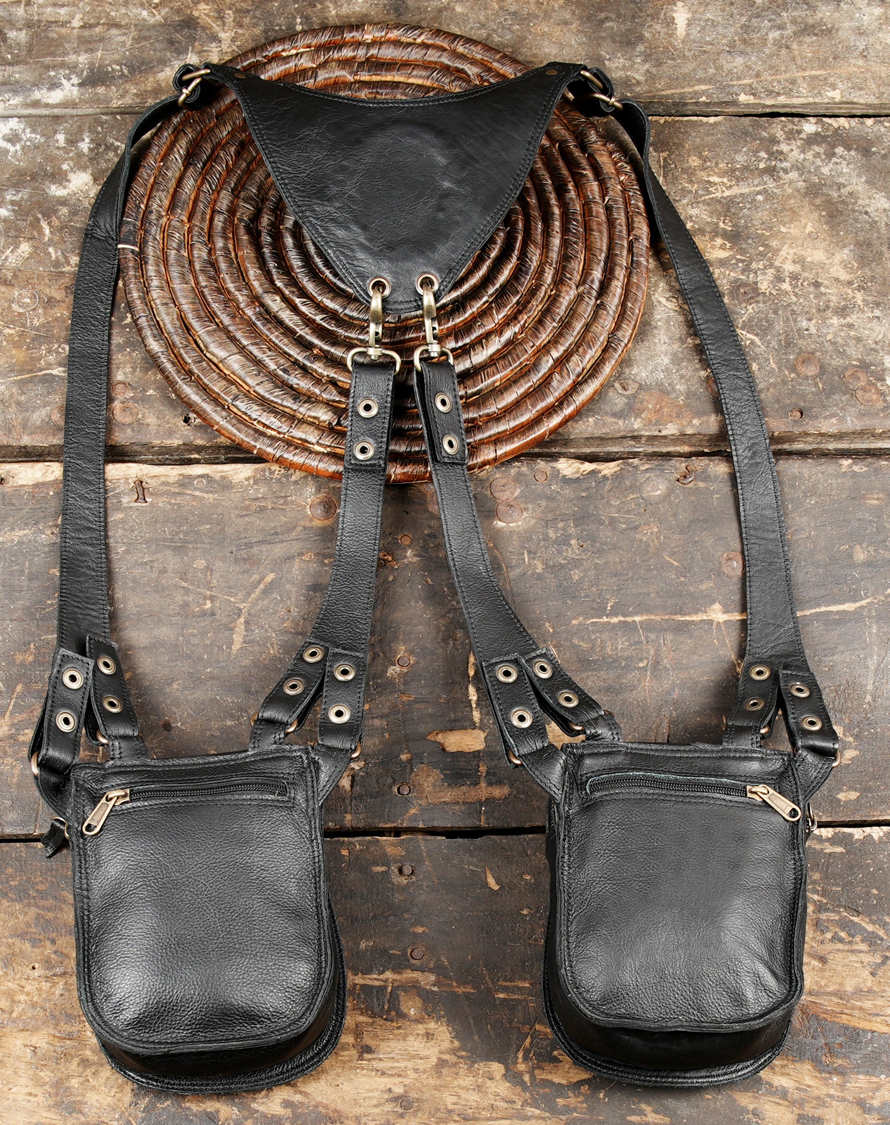Black leather holster harness with gemstone and studs