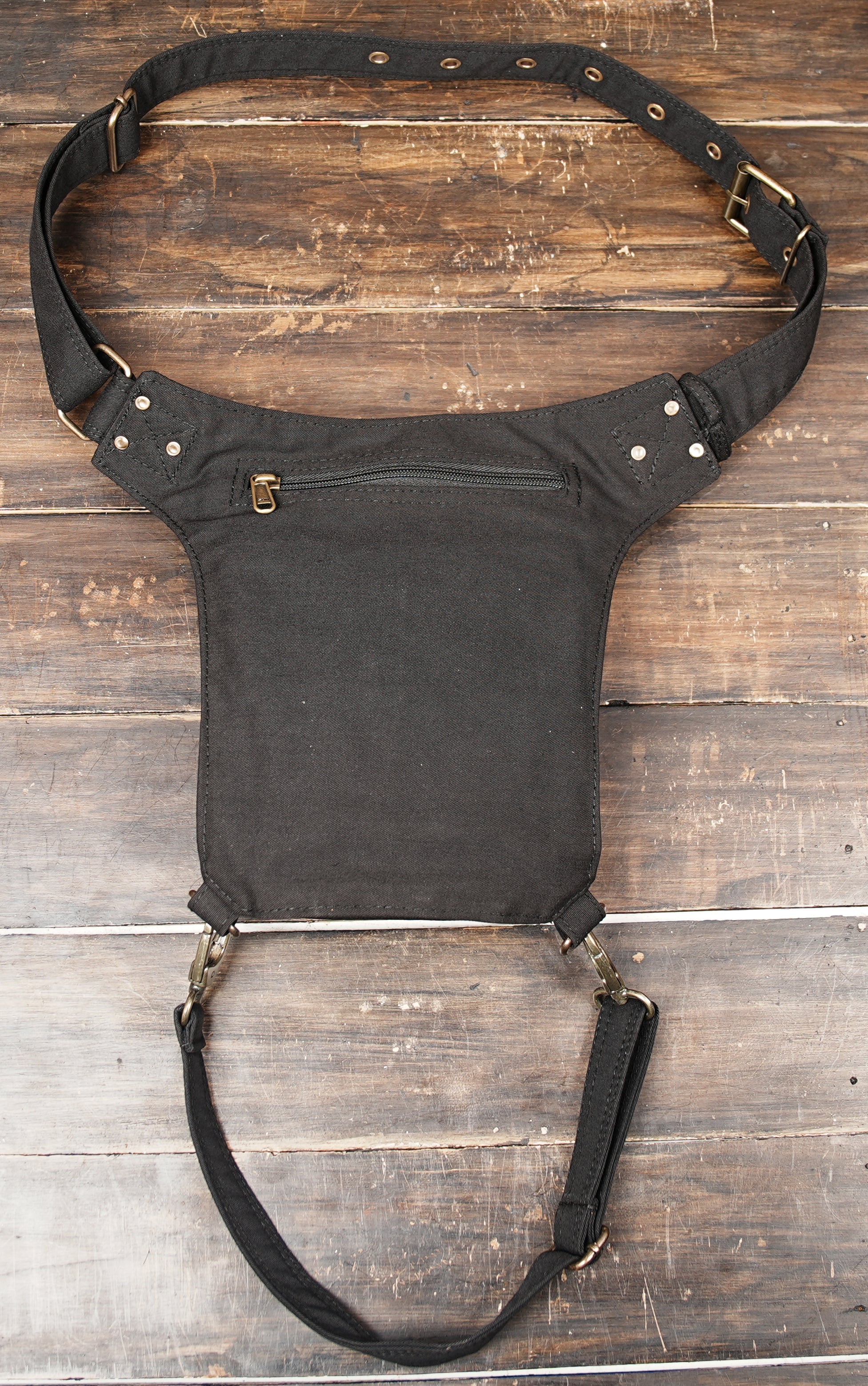 Festival-ready cotton waist and thigh bag with unique embroidered flap