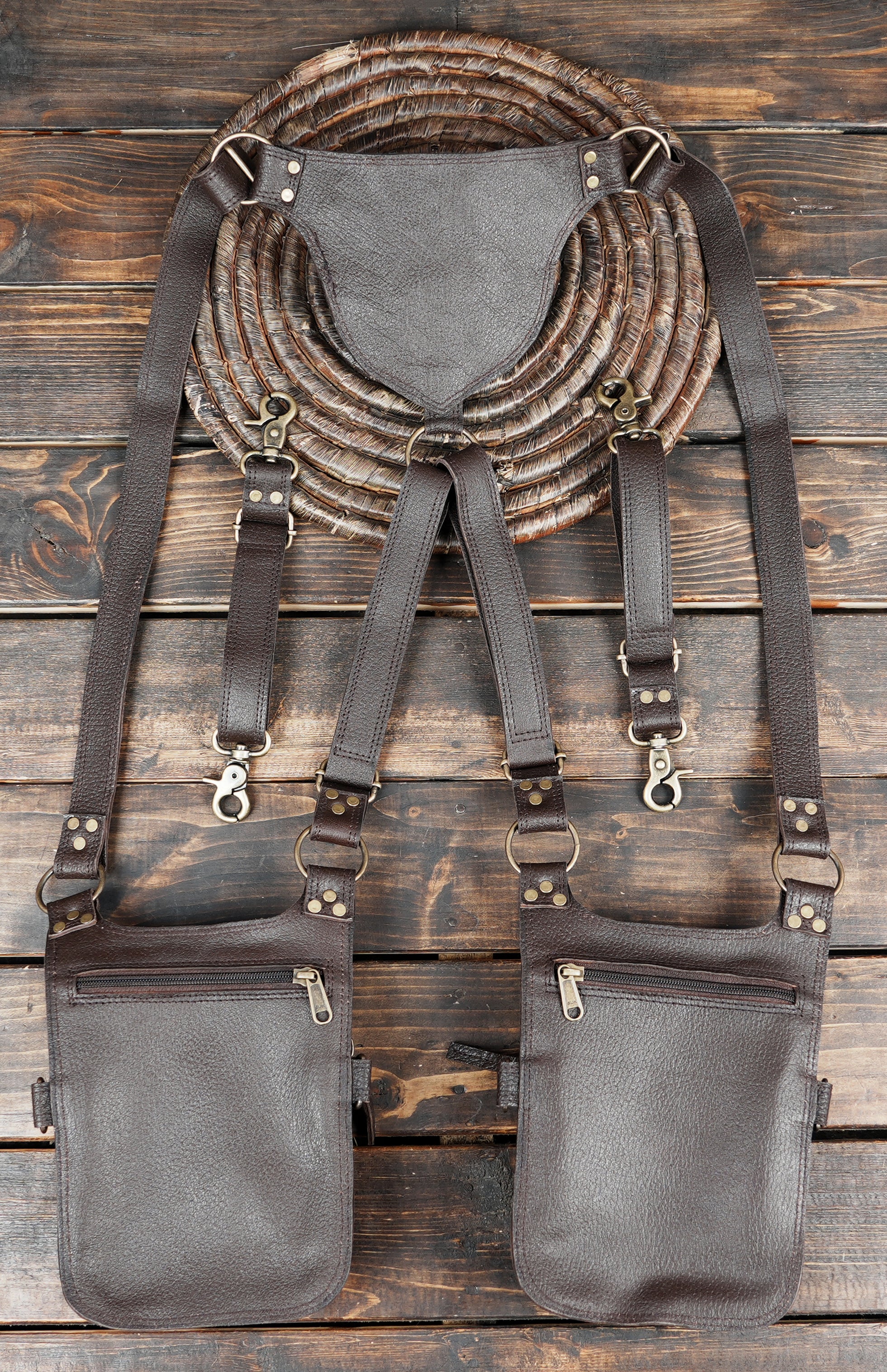 Dark brown fantasy style leather body holster with twin storage pockets