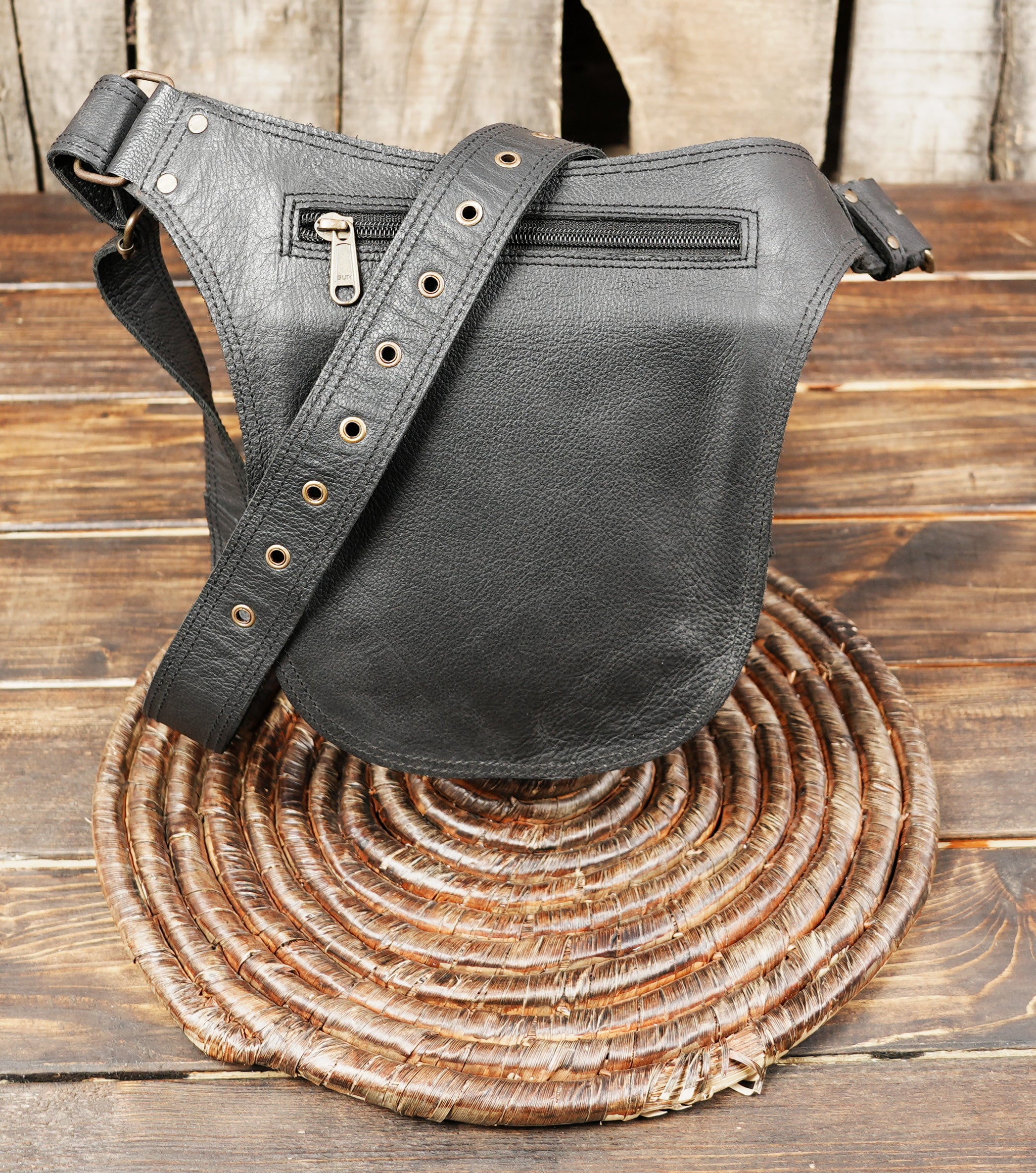 Handmade Black Leather Belt Bag: Gemstone Fanny Pack 