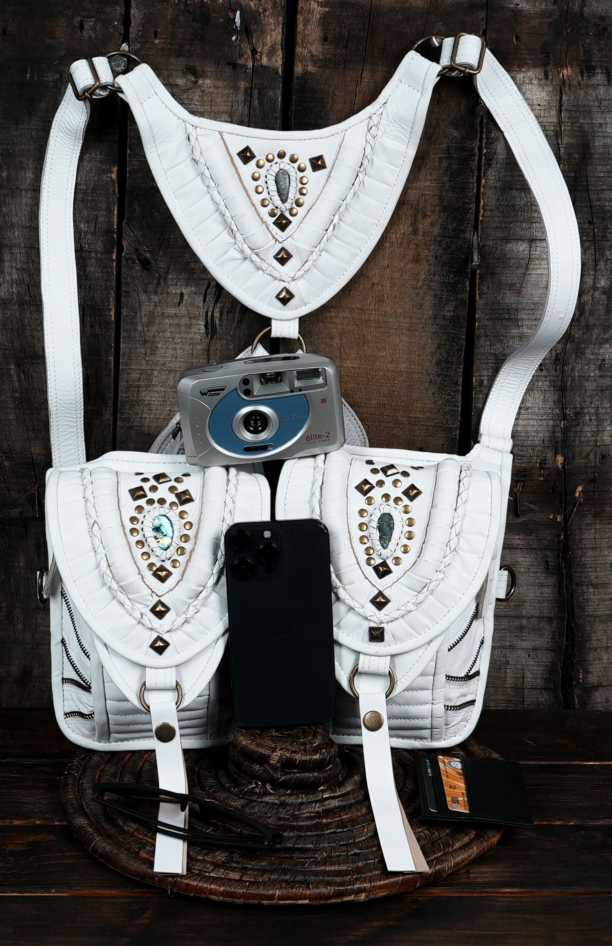 White Leather Holster Bag Leather Shoulder Bag Zipper Holster Leather Festival Travel Bag  Holster Leather with  stone 