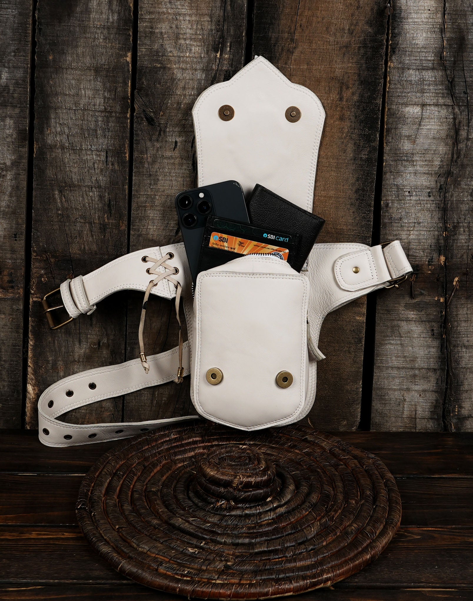 Steampunk inspired belt bag with gemstone centerpiece