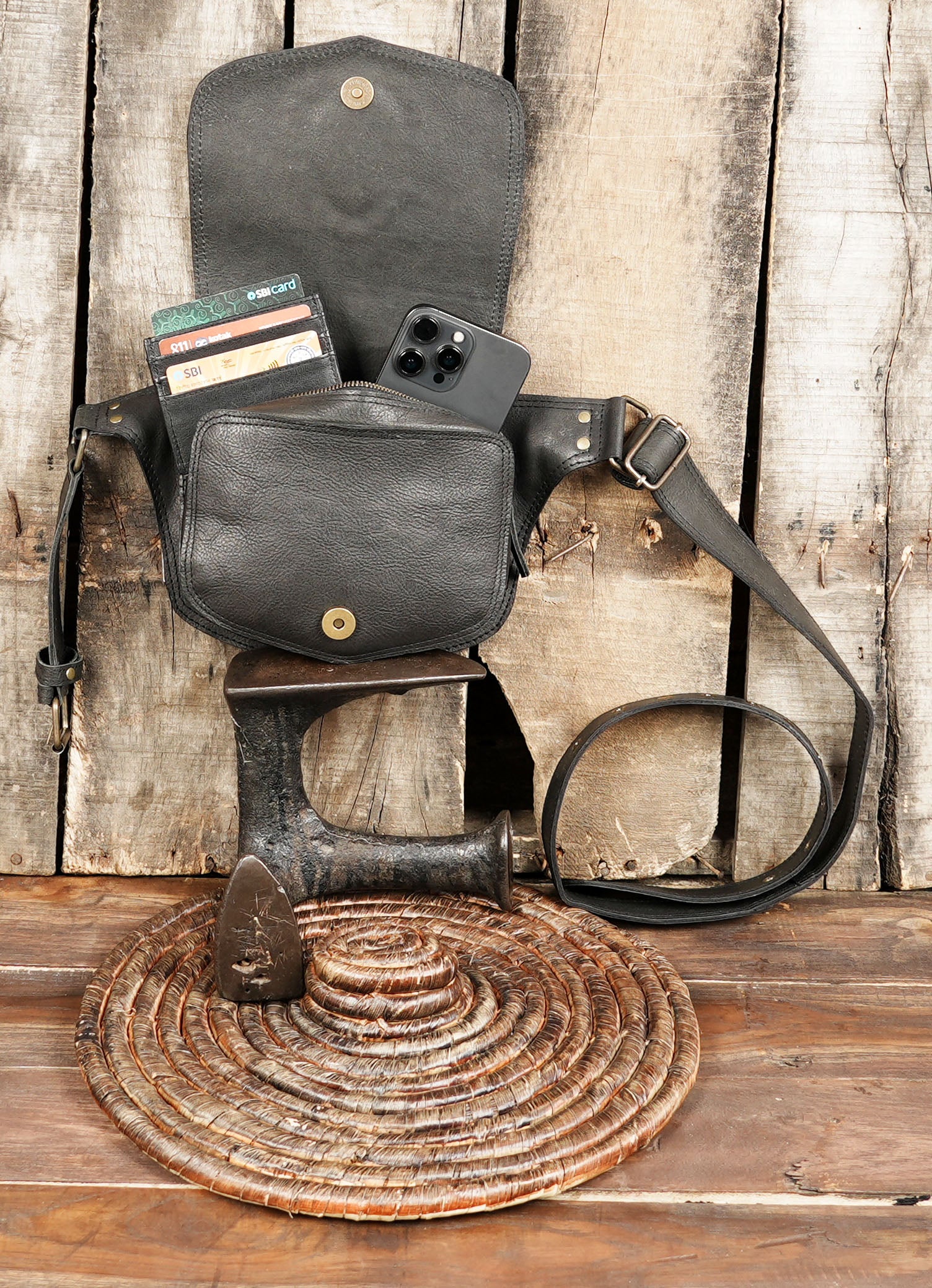 Handmade Leather Belt Bag: Gemstone Accent, Festival Fanny Pack with mobile bag 