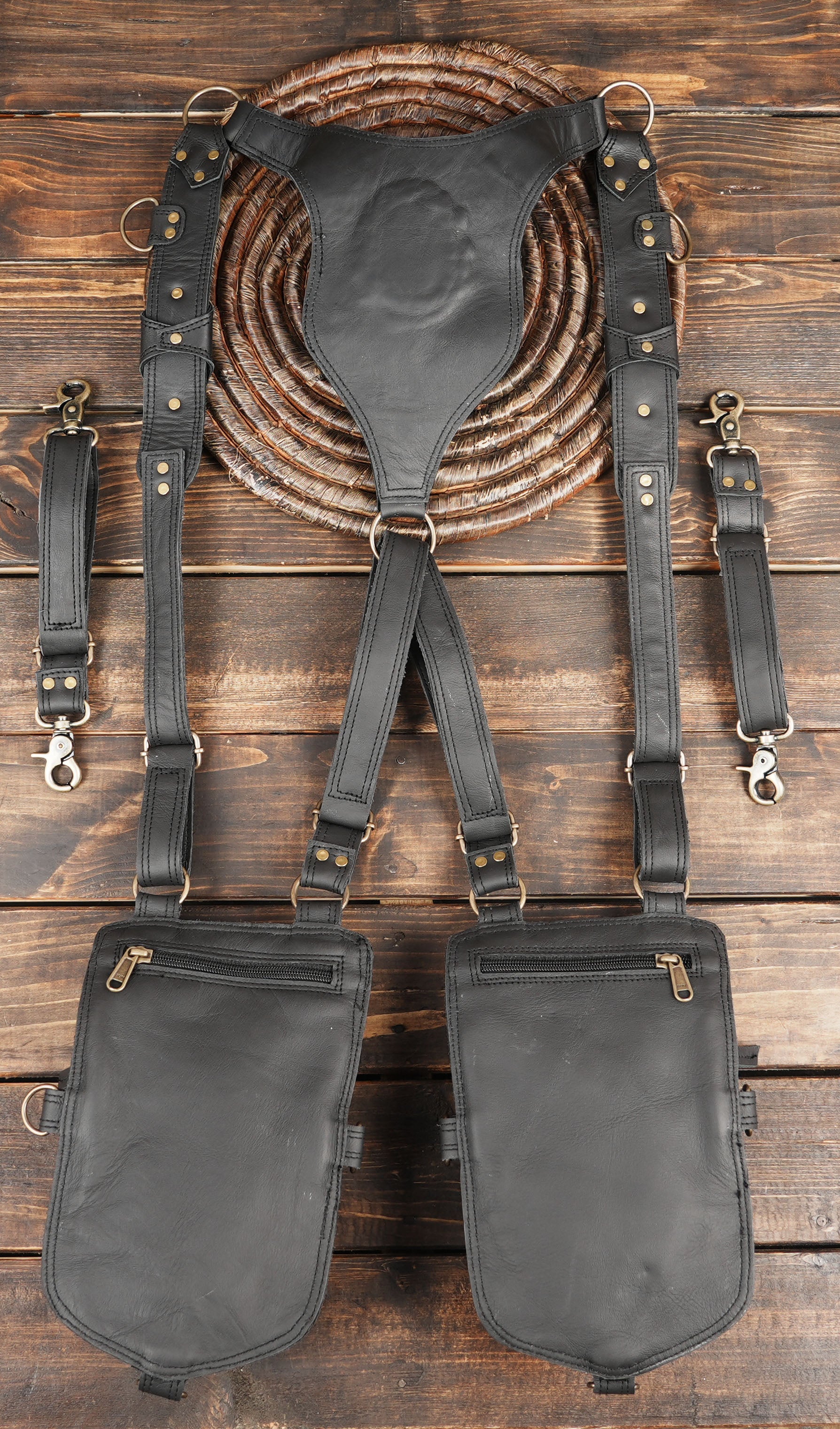 Shoulder Harness Double Side Bag Black Suede Leather