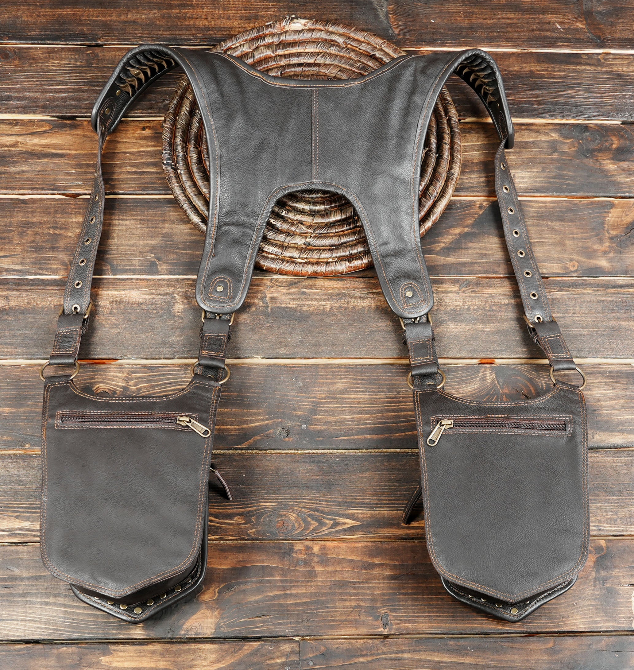 Steampunk leather holster bag with adjustable shoulder straps with back side zipper 