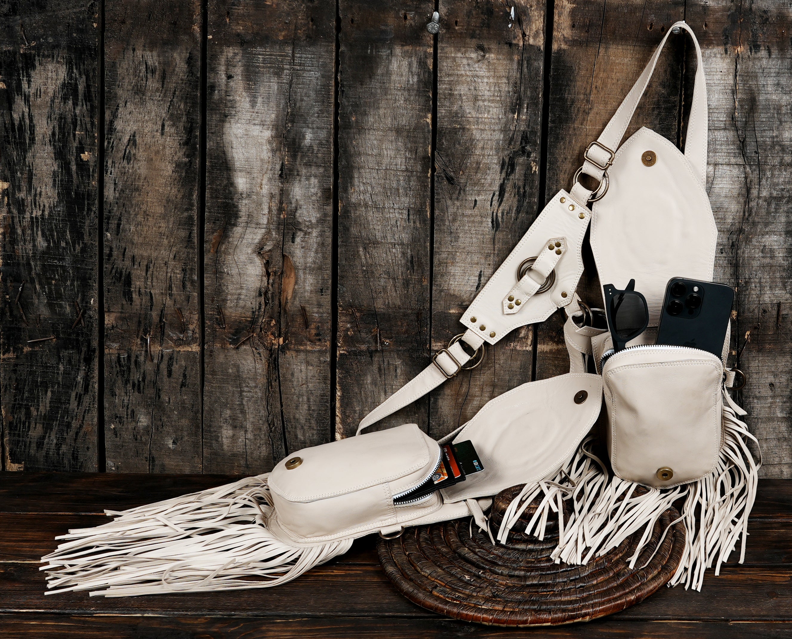 Handmade Leather Double Holster Bag with Adjustable Straps Festival Utility Holster Harness Steampunk / Boho Leather Bag with labradorite