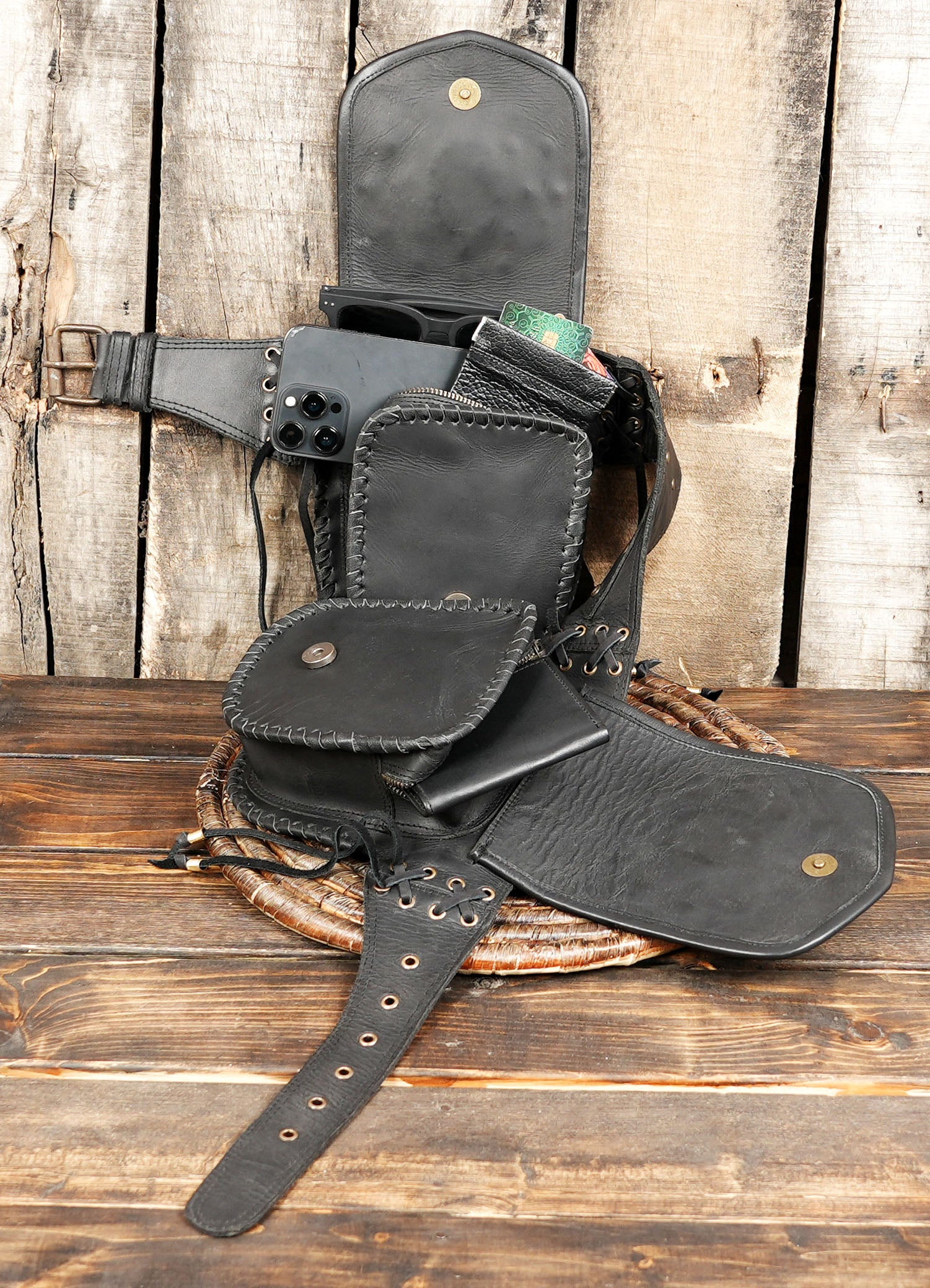 Leather Utility Belt: Festival Waist Pouch - Brown & Black