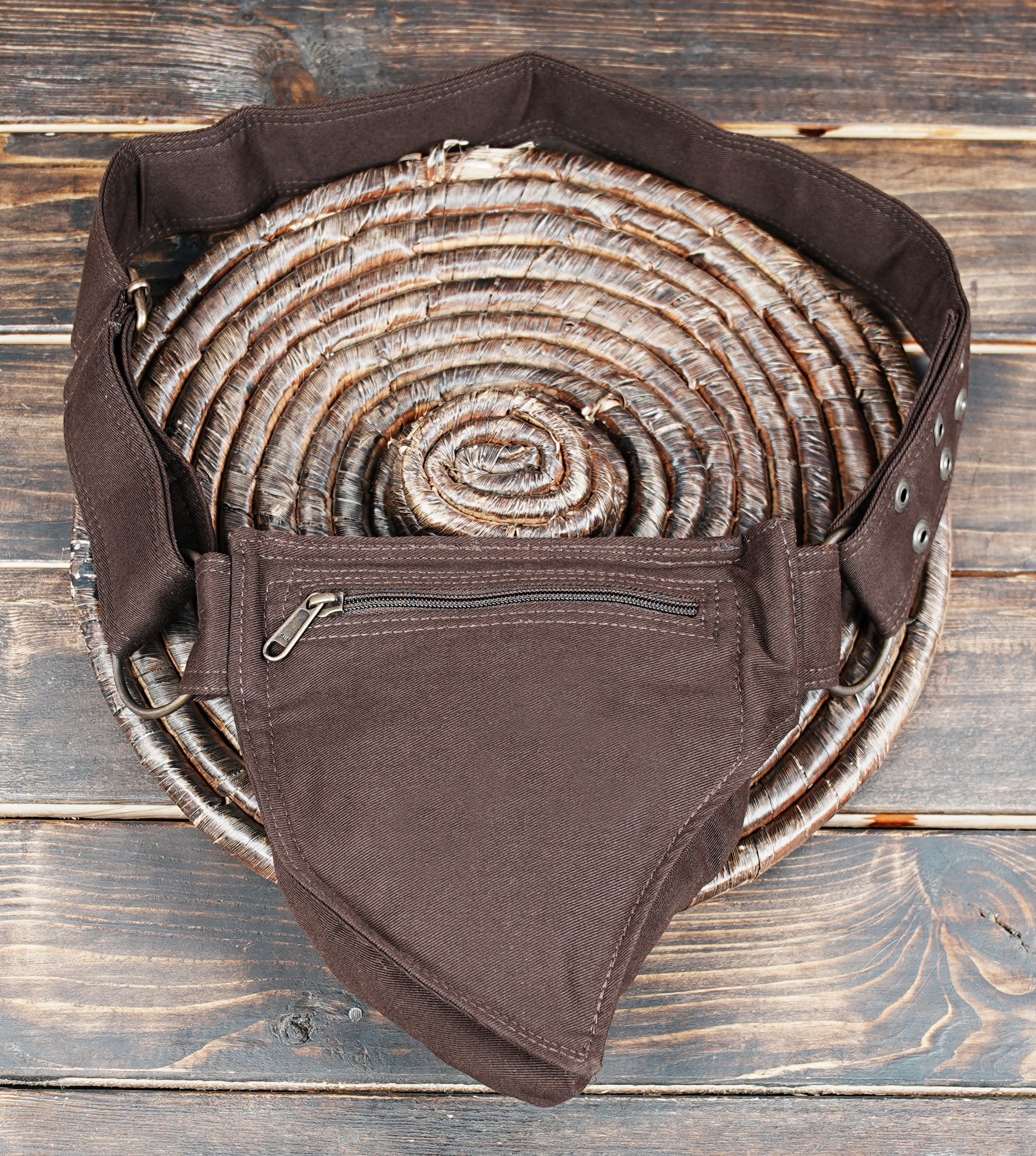 Brown lace waist bag styled for gothic and boho looks