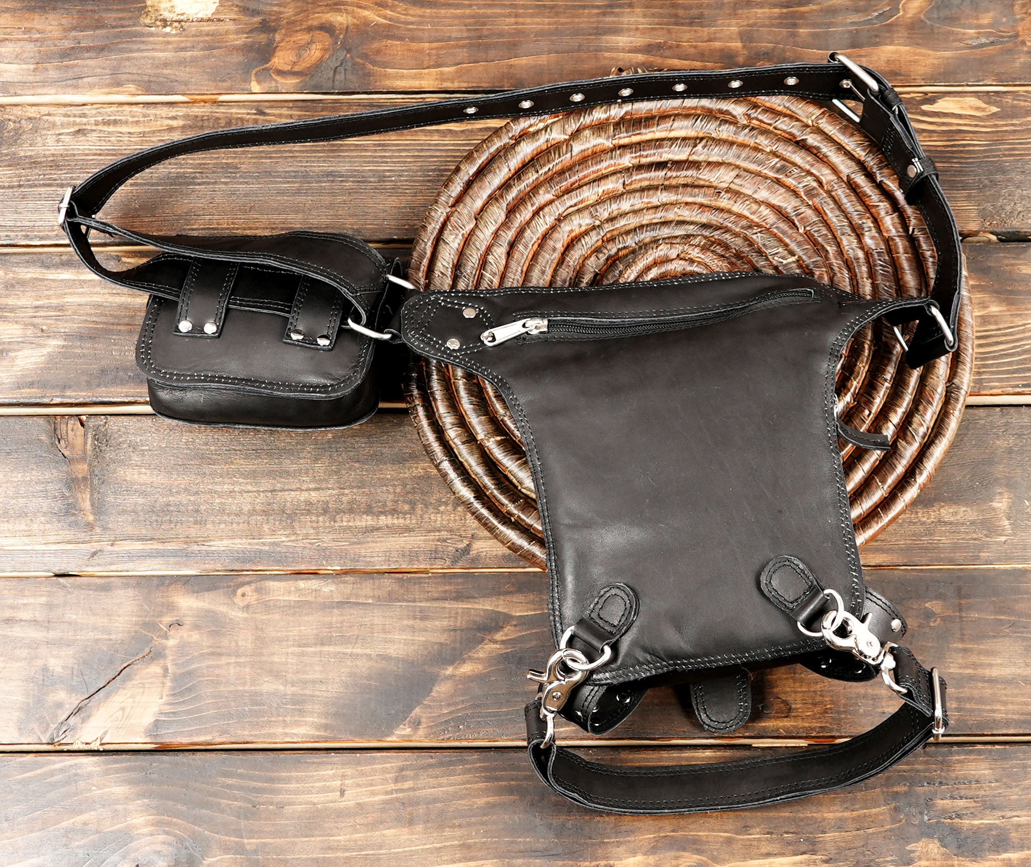 Handmade Leather Waist Belt with Thigh Bag: Festival Utility Fanny Pack STEEL LOCKER 
