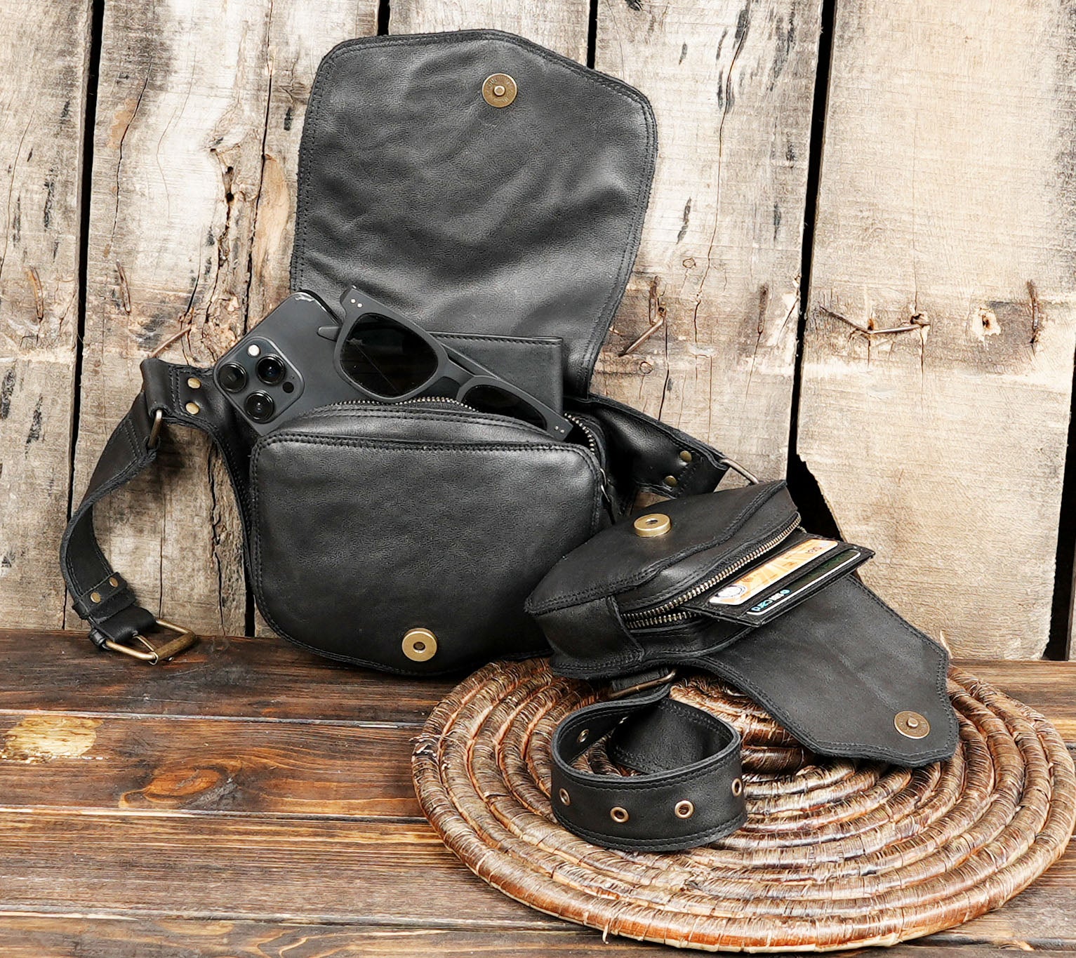 Handmade Leather Gemstone Waist Belt: Festival Boho Pouch with zipper 