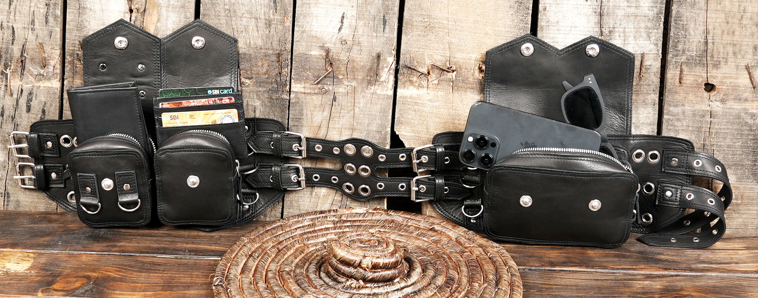 Dual pouch steampunk utility belt worn on waist