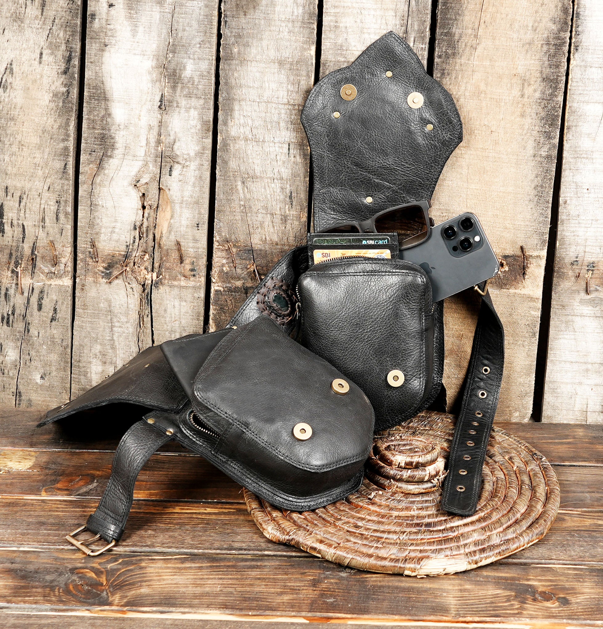 Brown Tribal Leather Waist Belt with labradorite gemstone – Gothic Boho Hip Bag with Stone Accents  (LT-AB-WB-6080)