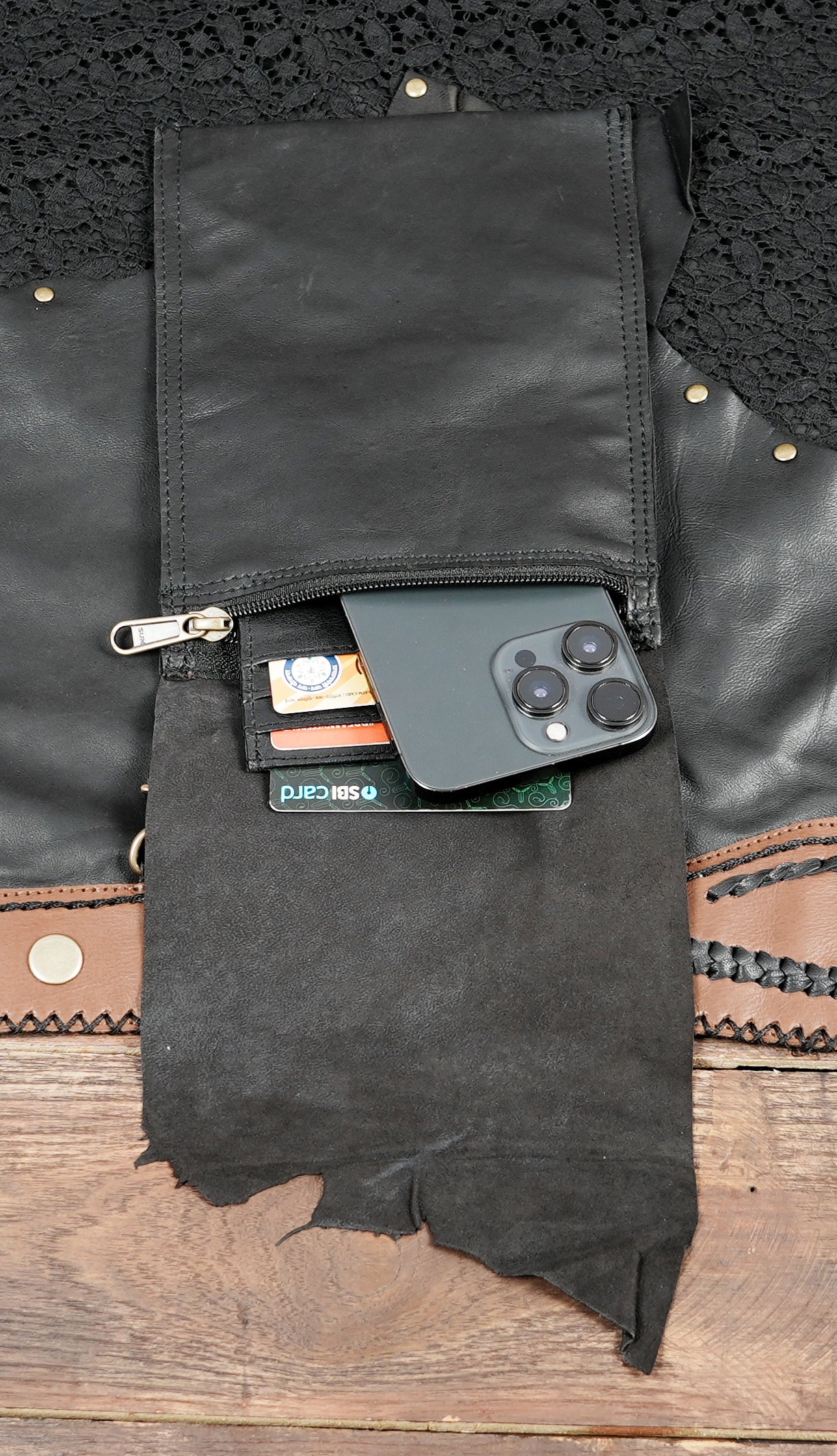 Black leather and lace skirt with rustic cowboy-style design
