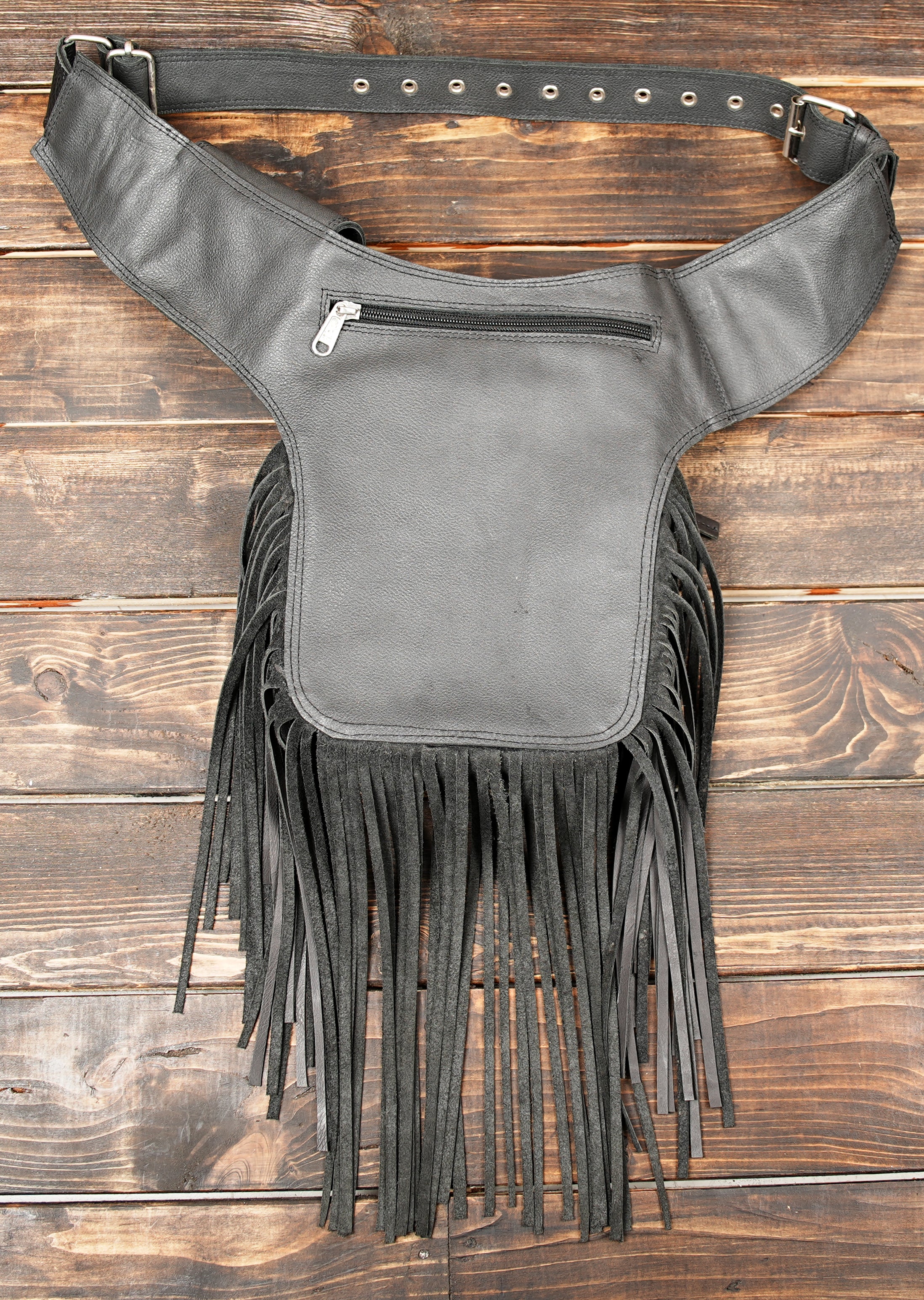 💫 Women Black Fringe Multi Zipper Pockets Trendy Style Casual Wear Waist bag with back side zipper and steel metal 