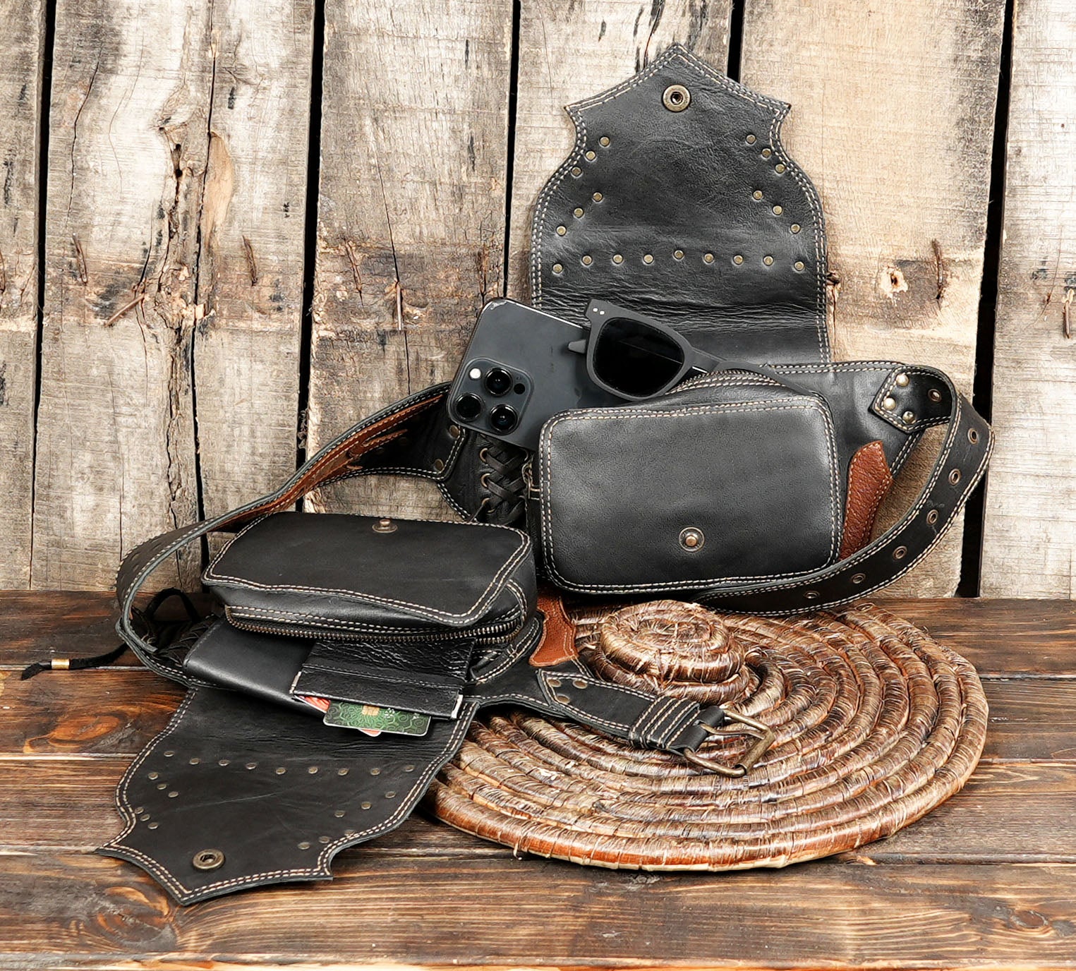 Unisex black and brown leather festival belt bag with two compartments