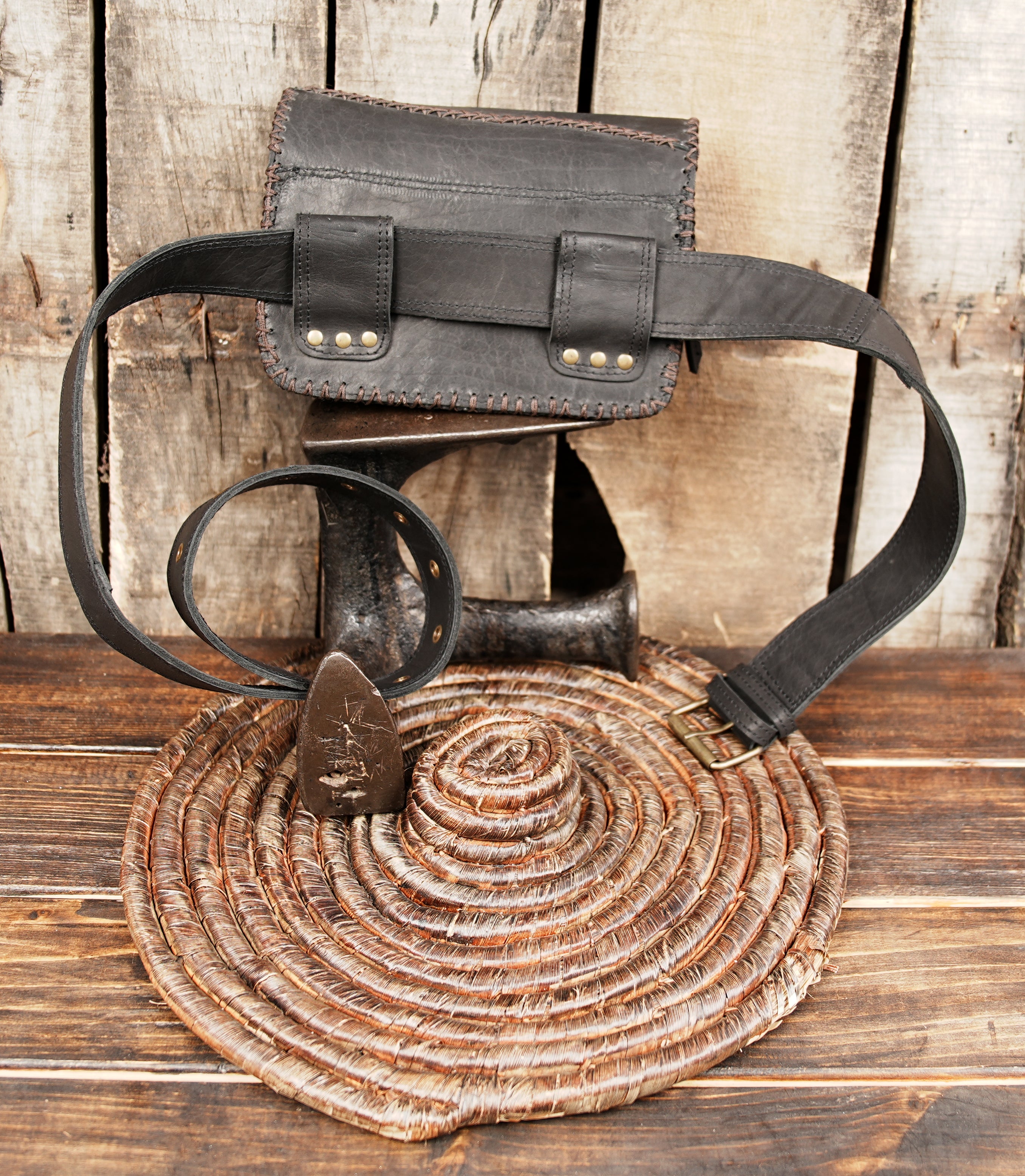 Boho festival leather belt bag on rustic wood surface WITH METAL LOCK 