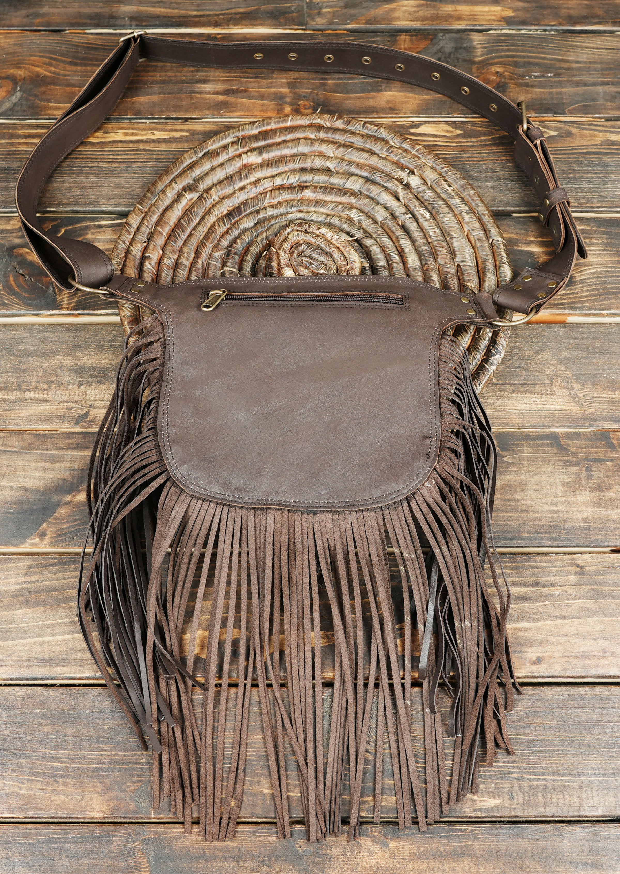 Boho chic leather hip bag with adjustable waist strap
