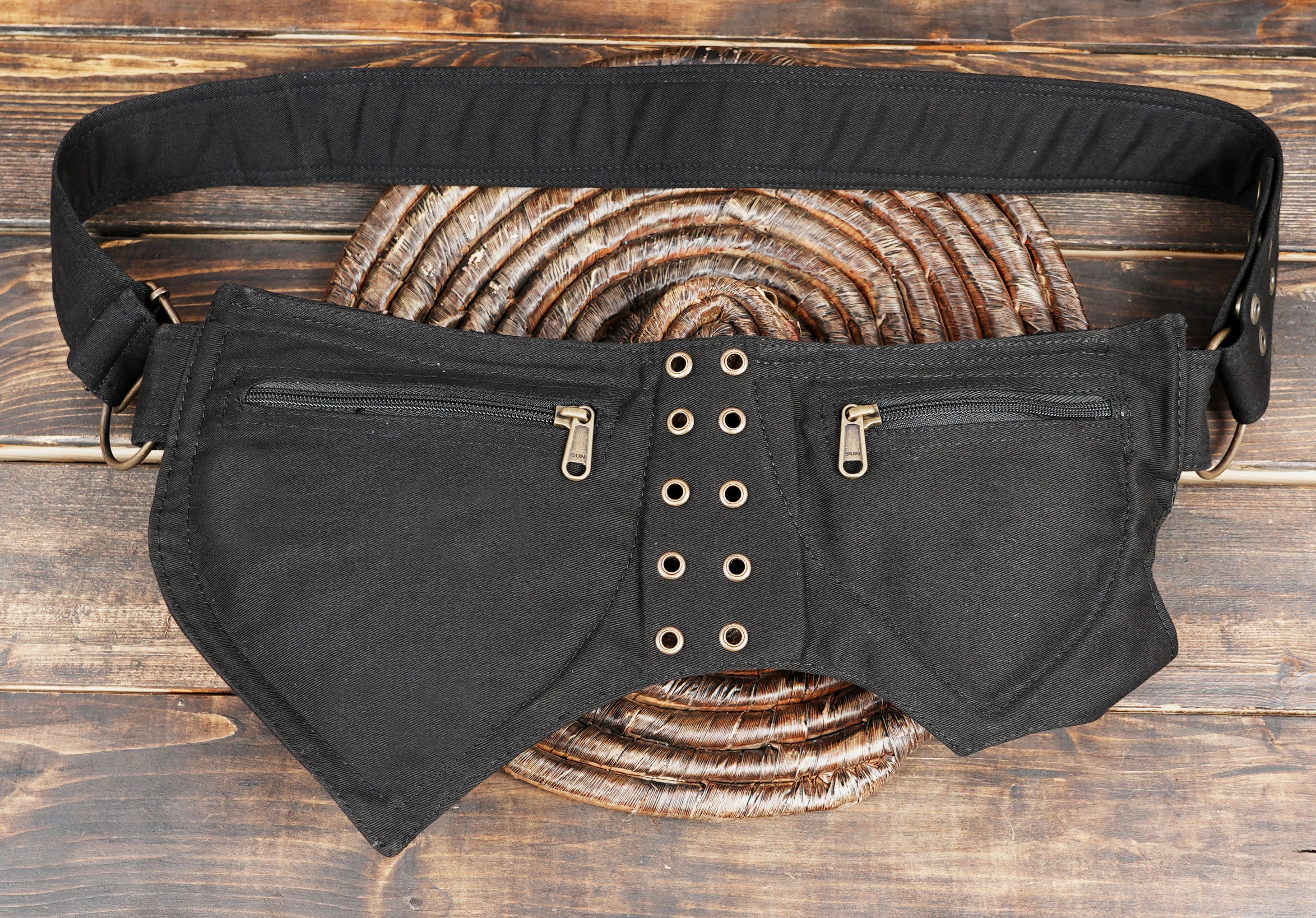 Boho steampunk hip bag with dual compartments and wide belt strap