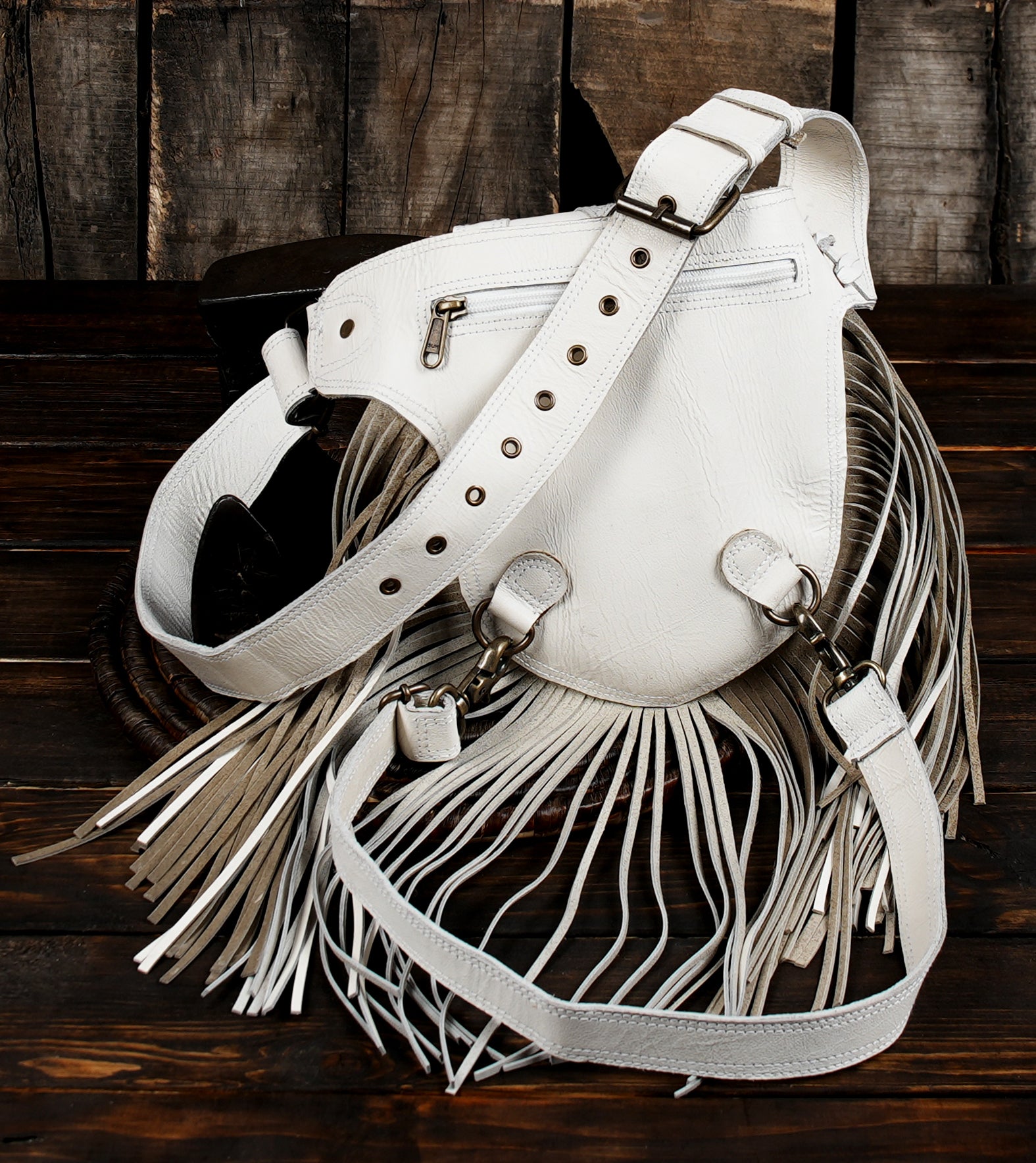 White leather boho waist bag with labradorite stone centerpiece