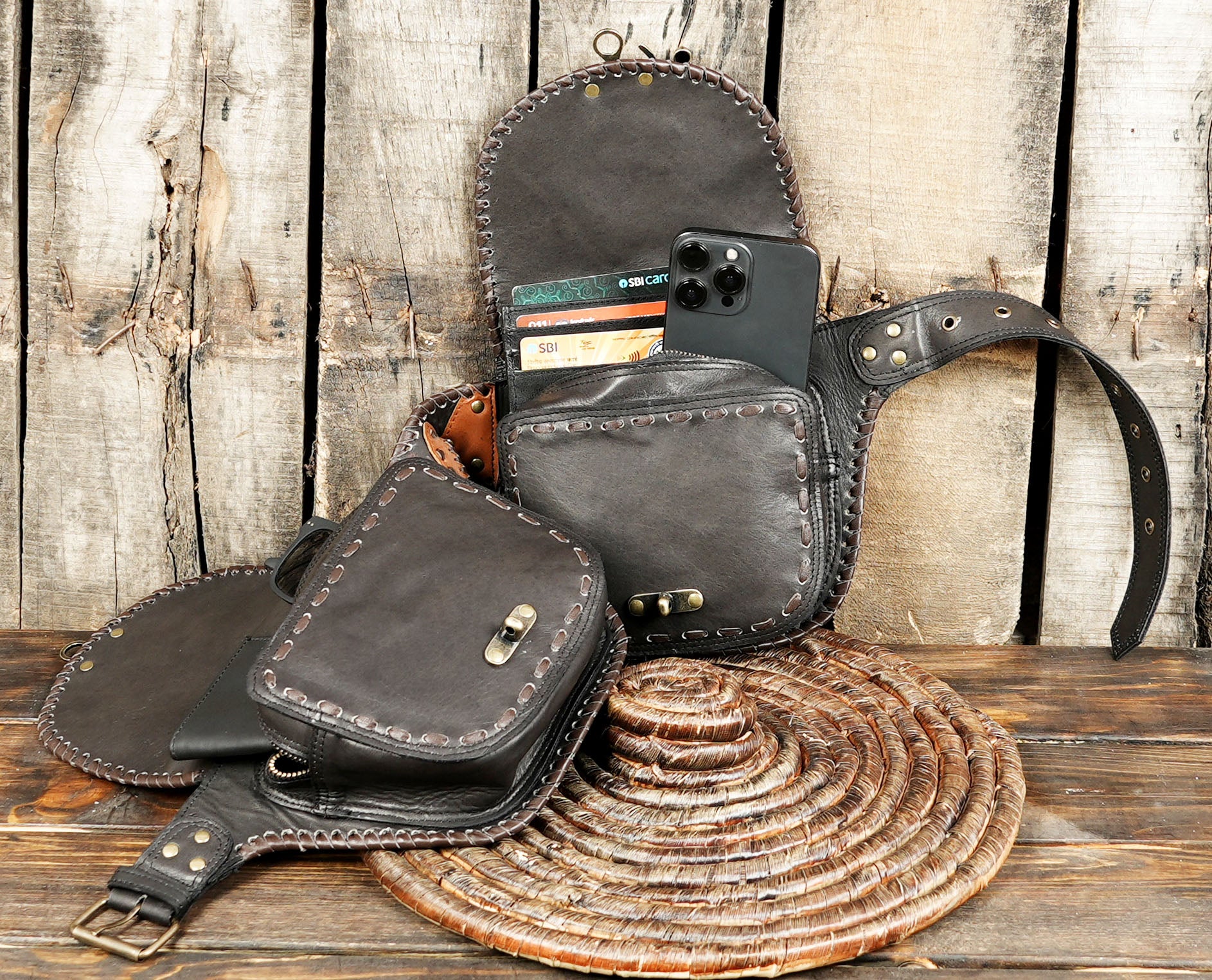 Handmade Leather Belt Bag: Labradorite Gemstone Pocket, Unisex Hip Pack with zipper