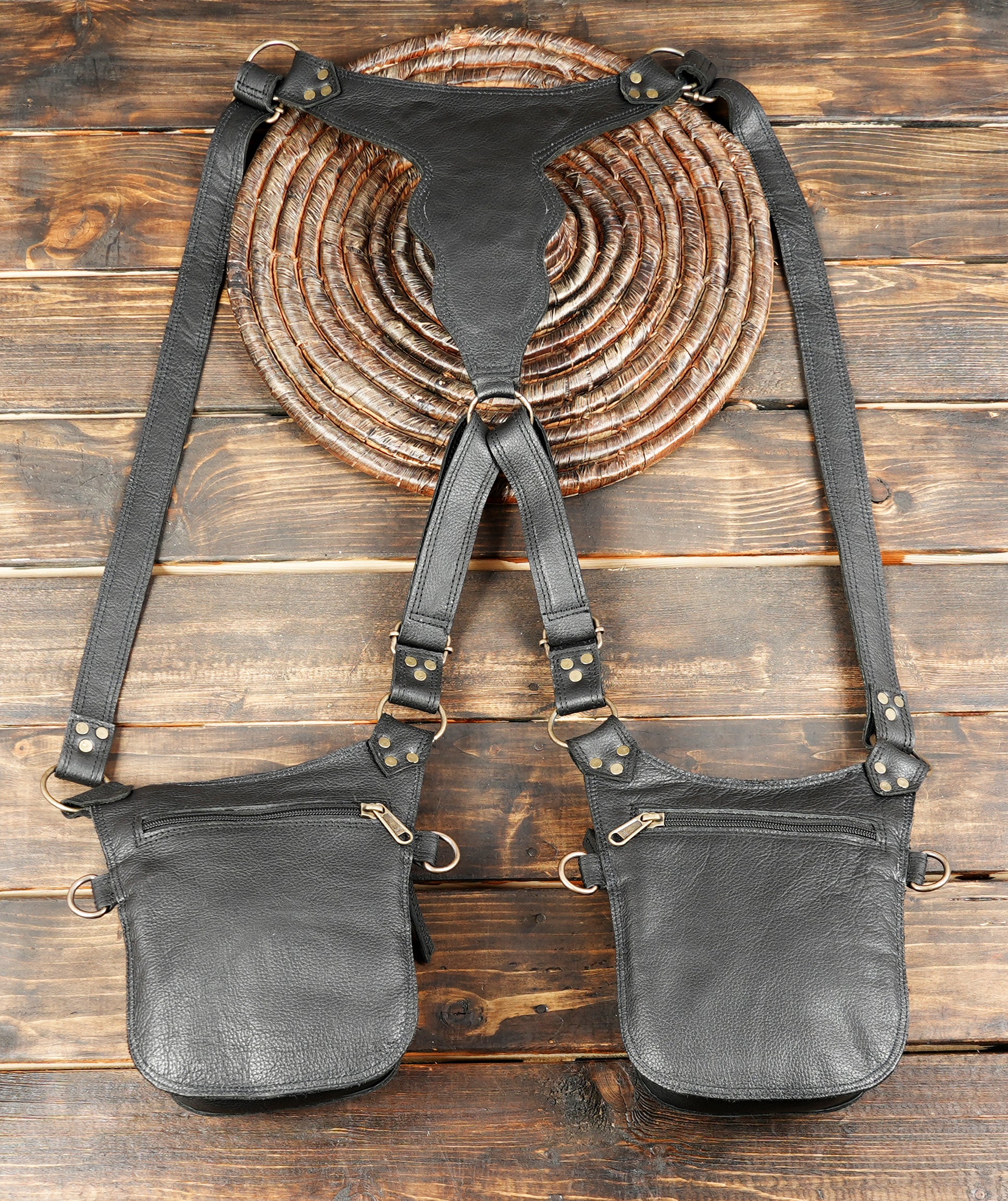 Handmade Leather Double Holster Bag with Adjustable Straps Festival Utility Holster Harness Steampunk / Boho Leather Bag with labradorite
