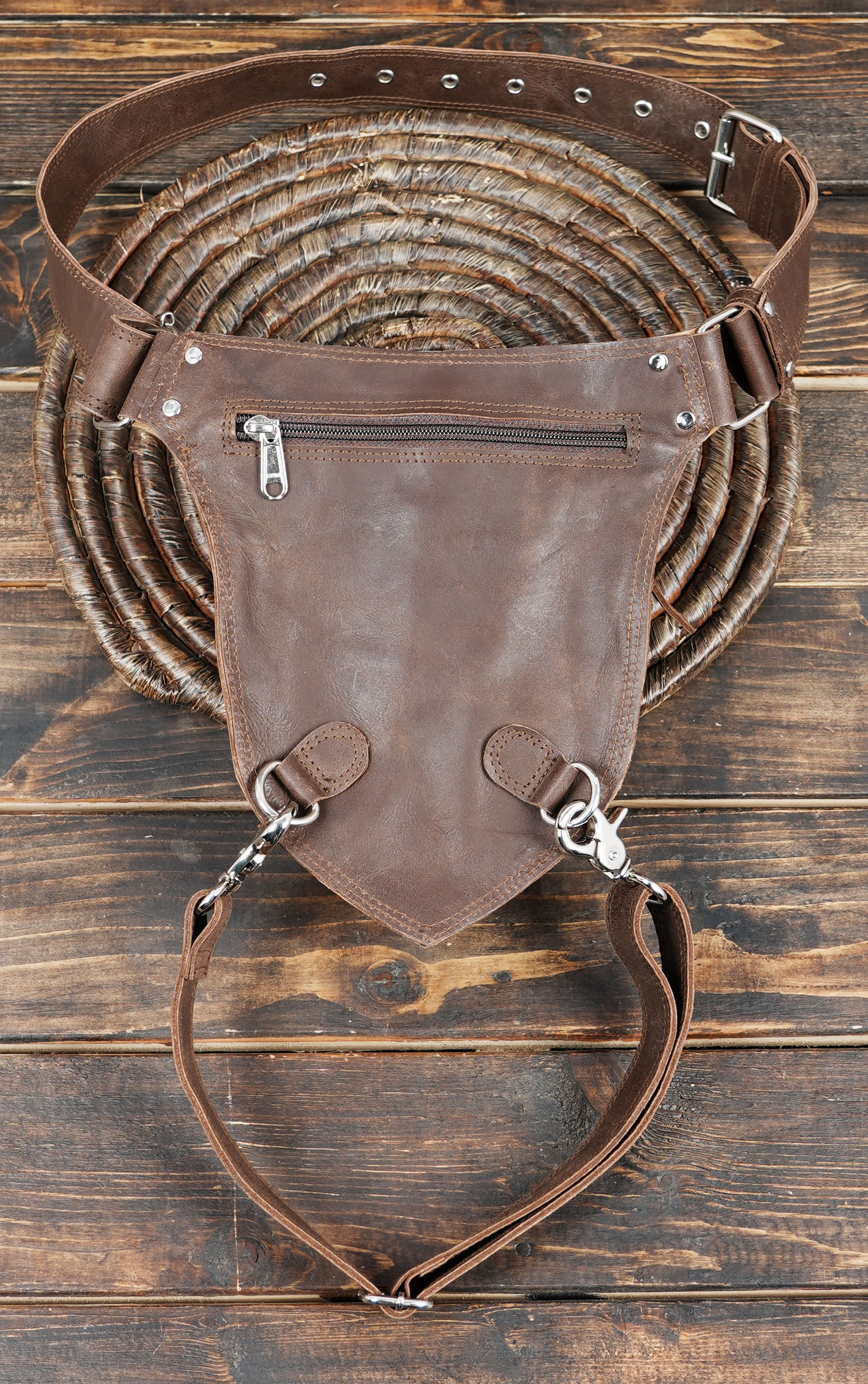 Adventure leather hip belt with adjustable buckle for men and women.