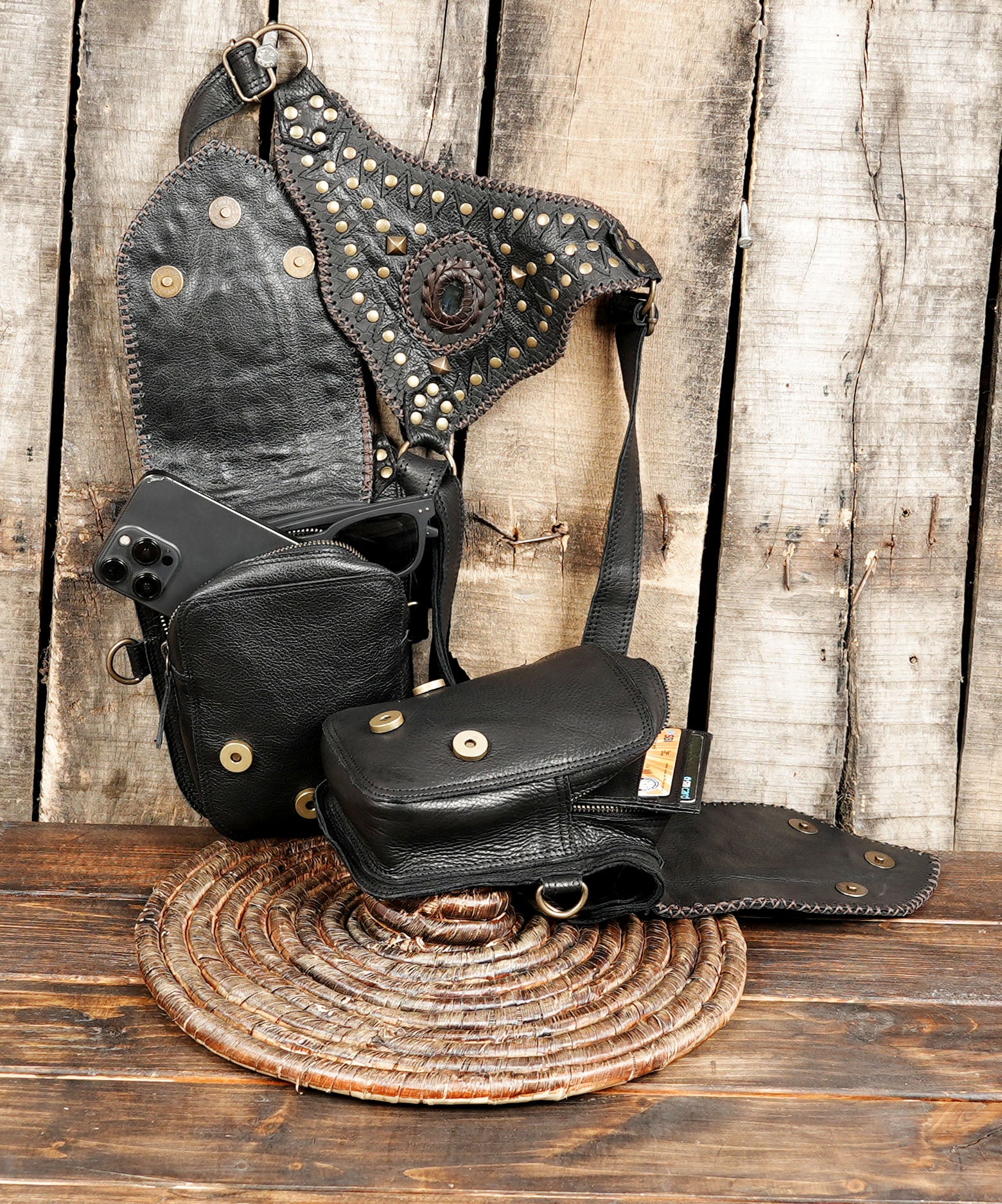 Steampunk inspired dual holster utility bag in black leather