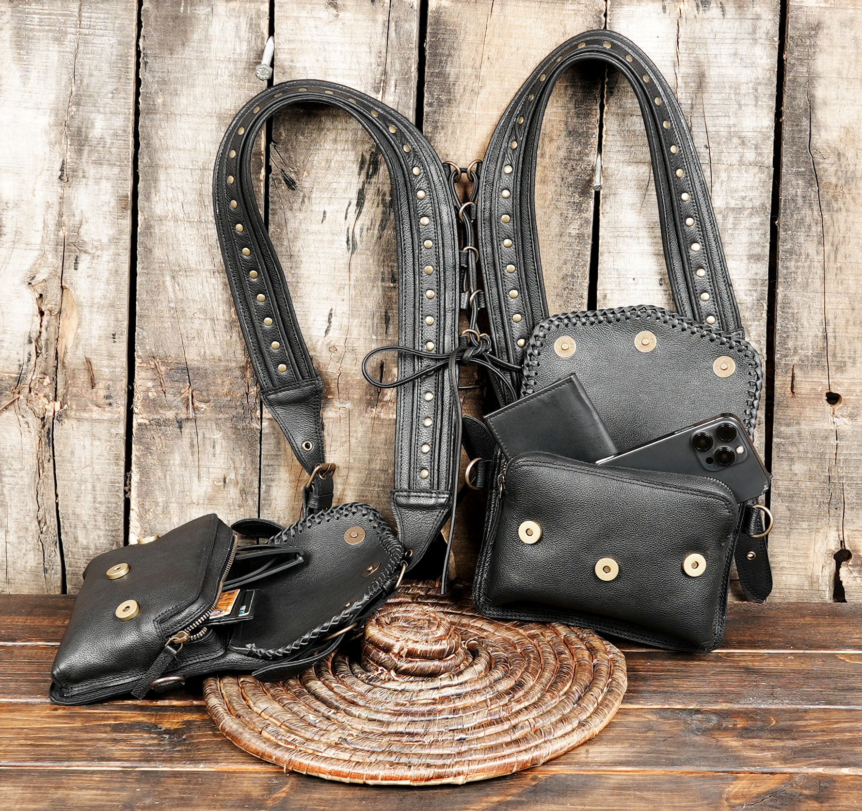 Shoulder Holster Bag Harness With Pockets Black Leather with zipper 