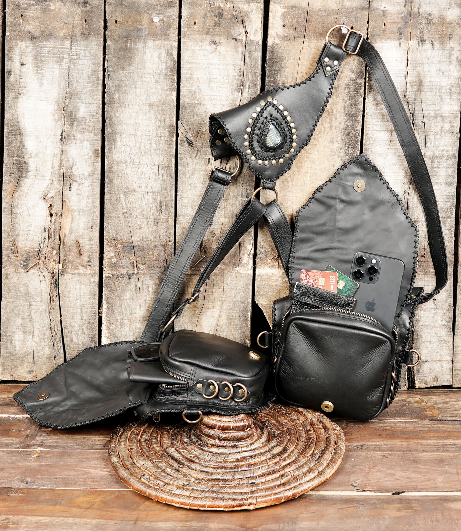 Adjustable leather holster harness with double pouches