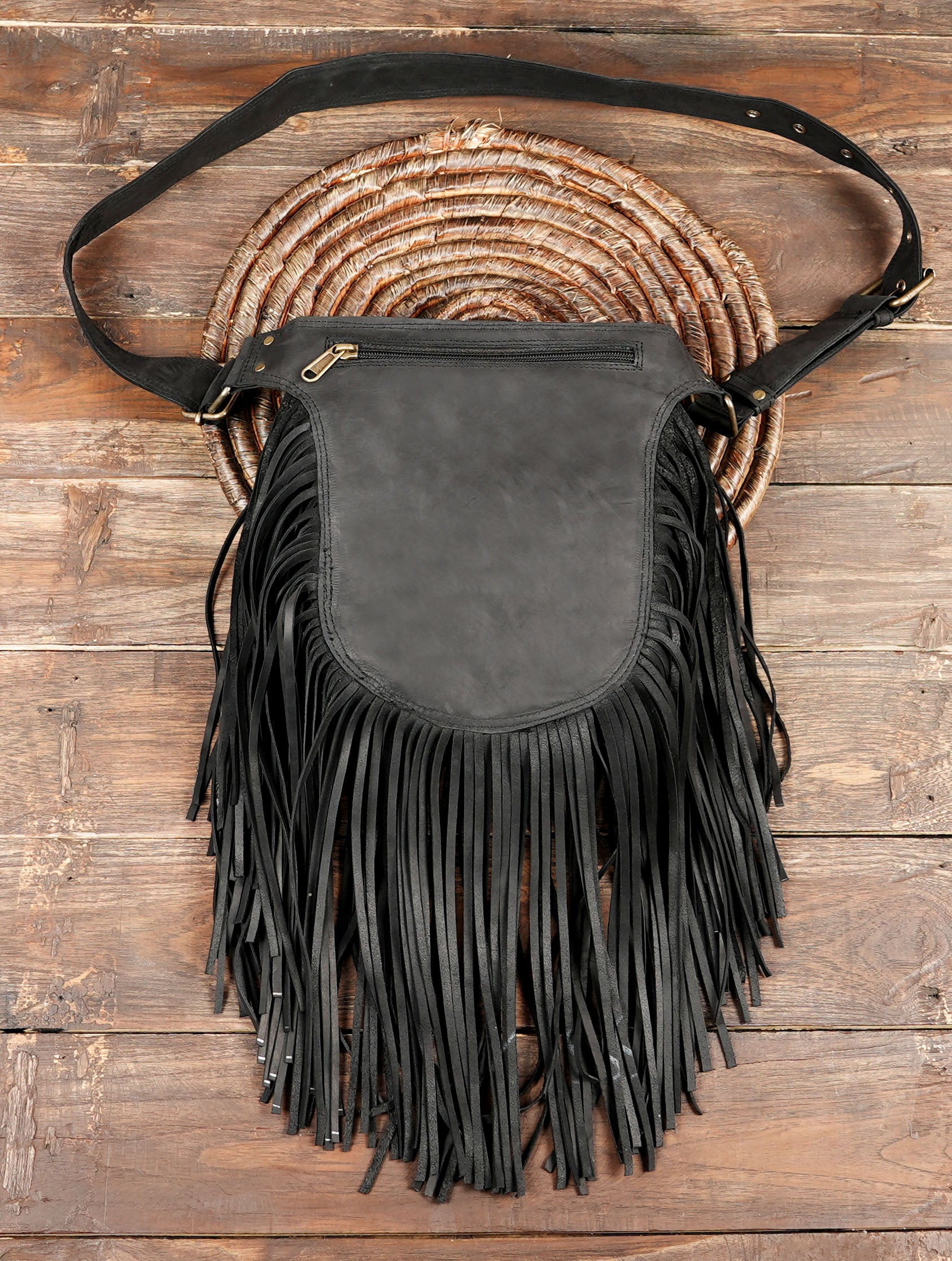 Western Fashion Waist Pouch for Women - Black Genuine Cowhide Tooled Leather Highland Cow Fenny Bag with Suede Fringes Cowgirl Fenny Bag back side zipper 