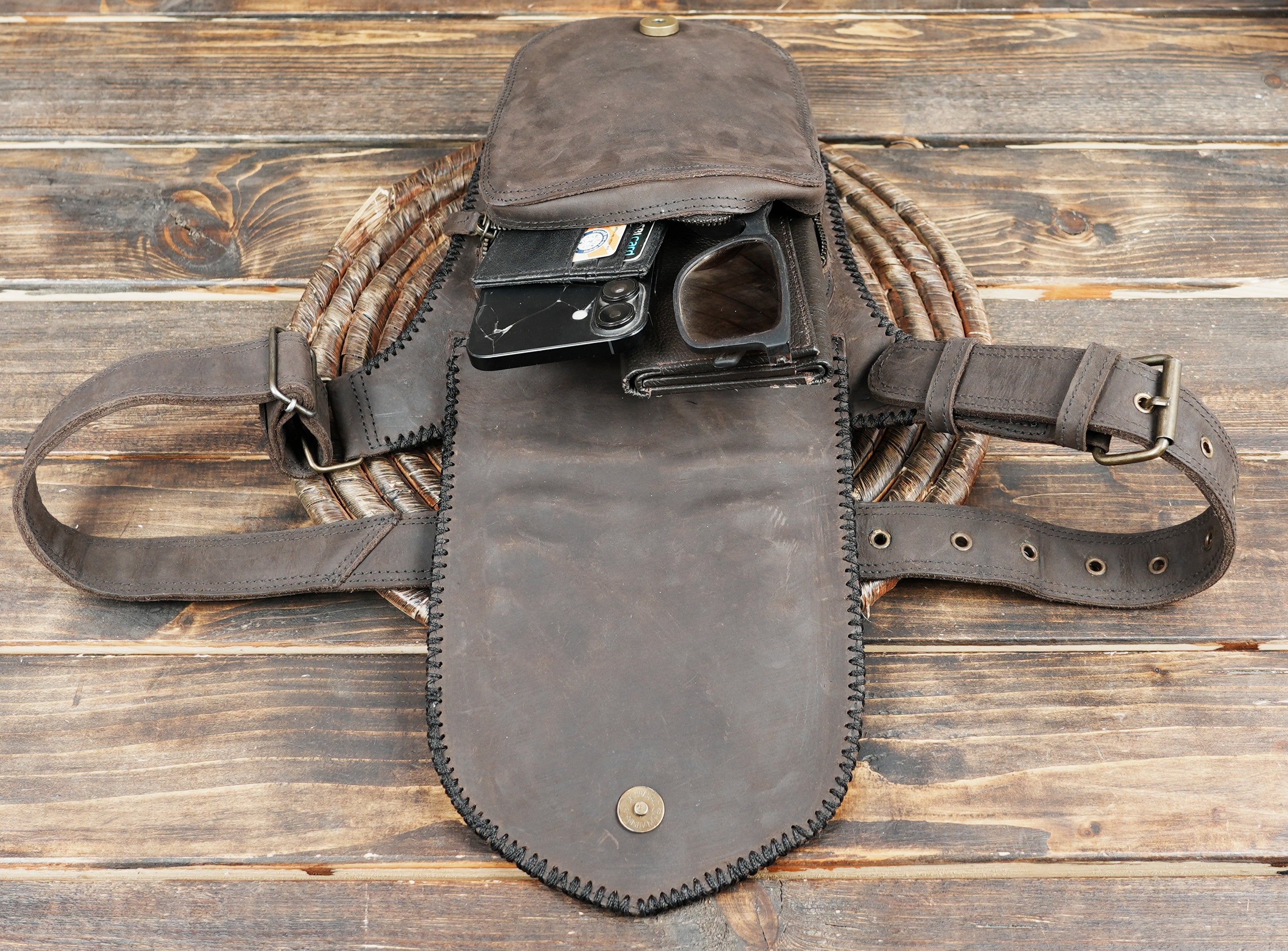 Adjustable leather waist holster pouch for festivals and travel