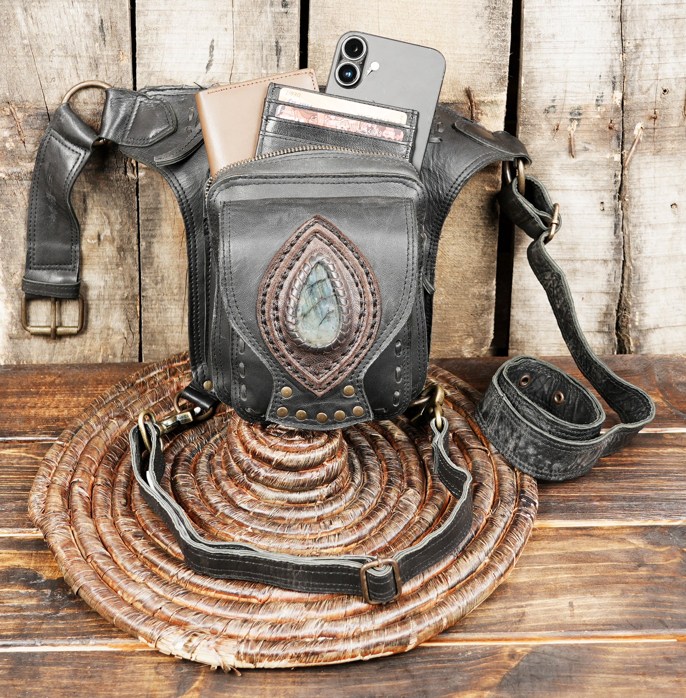  black Leather Utility Belt - Festival Hip Belt -LABRADORITE 

