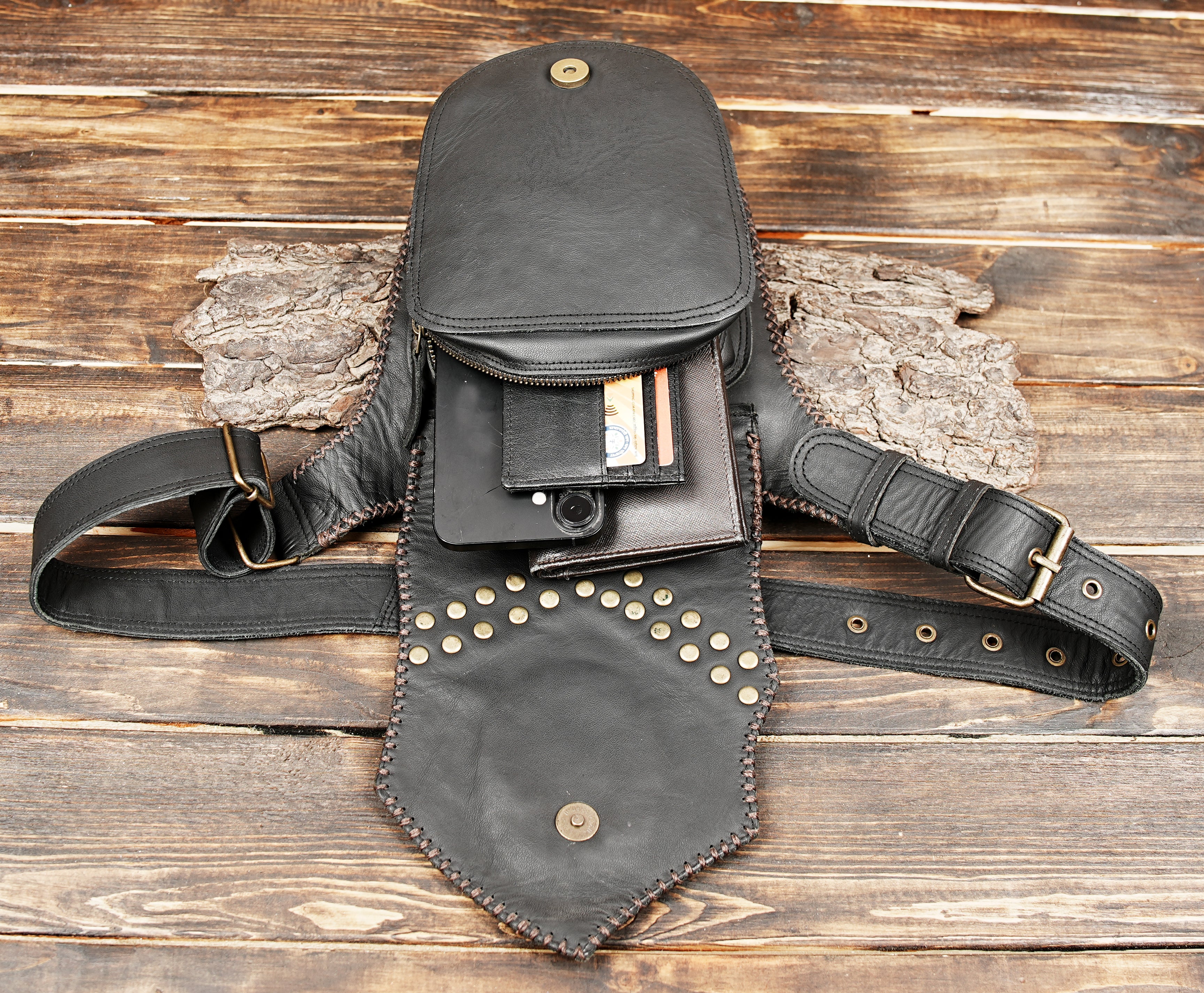 Handmade utility belt bag with gemstone and rustic leather