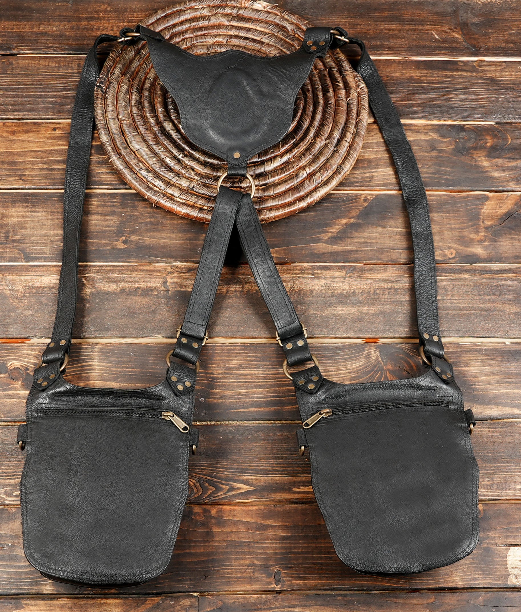 Leather Zip Festival Vest Bag – Utility Chest Bag for Travel, Adjustable Crossbody Harness, Pockets for Phone & Gear with back side zipper 