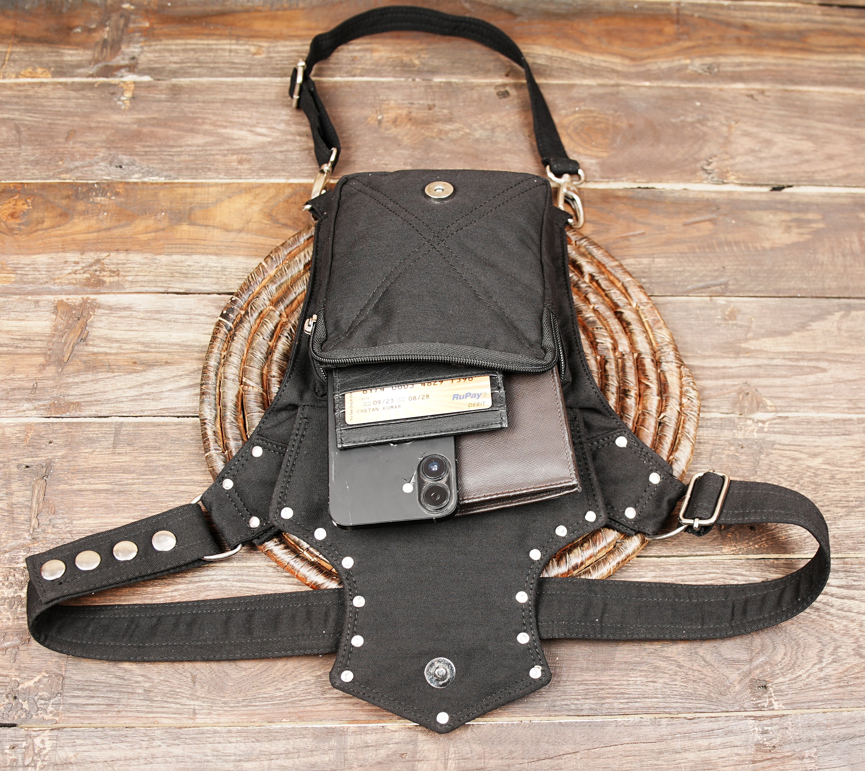 Gothic cotton waist and thigh belt pouch with adjustable buckle