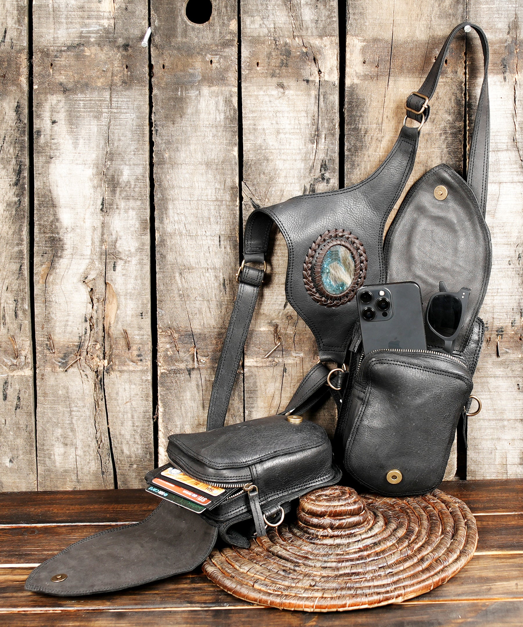 Leather crossbody holster with rivet detailing and labradorite