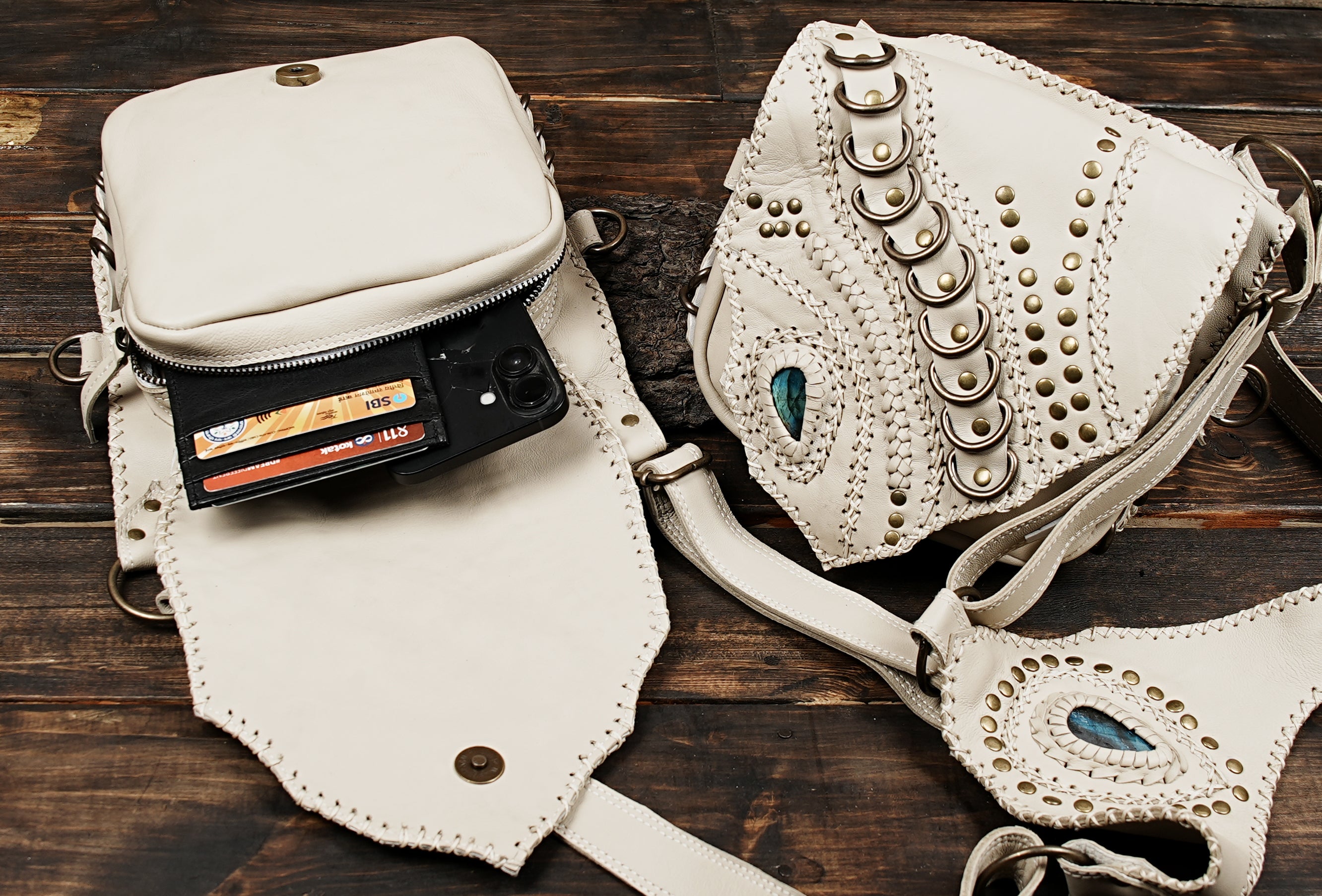 White leather holster harness bag with bohemian gemstone design