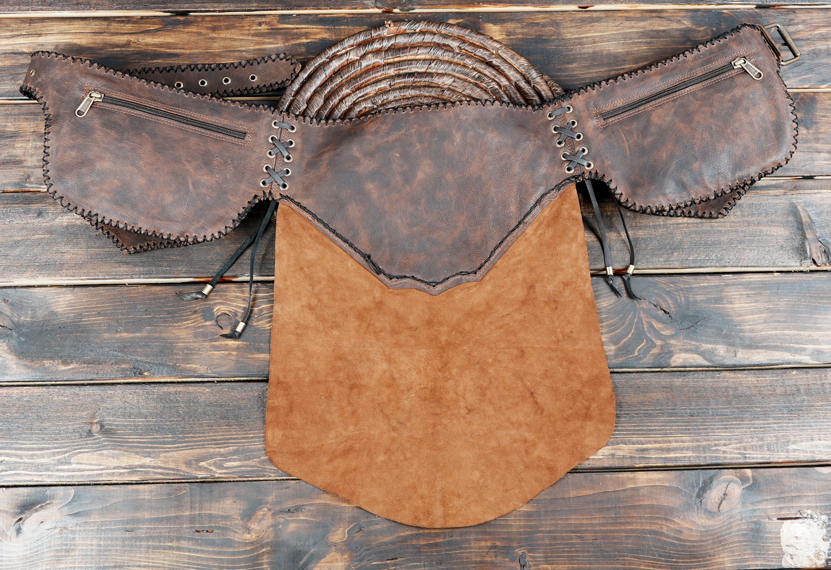 Handmade utility belt with gemstone-embellished pouches