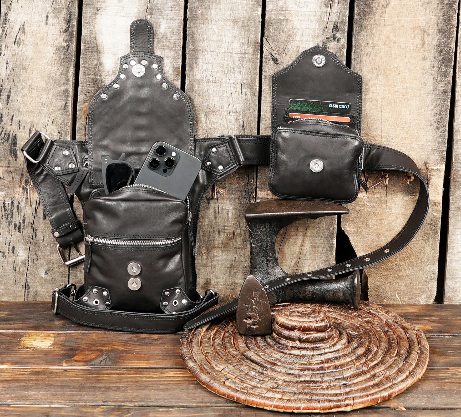 Leather Biker Hip Bag - Motorcycle Leg Bag for Men - Crossbody Sling Bag - Hip Holster Moto Bags - Festival Bag  with storage 