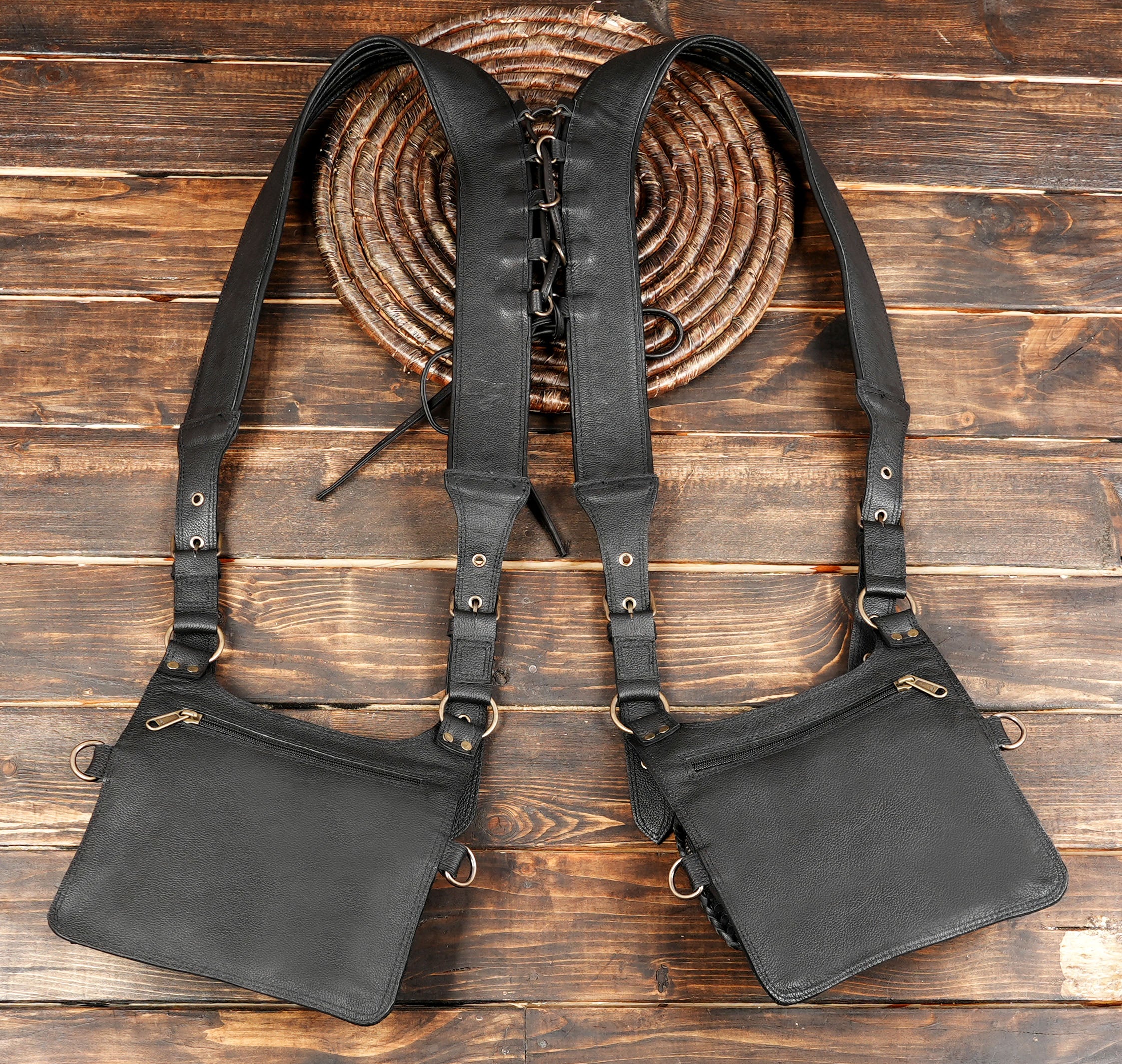 Handcrafted Leather Holster Bag – Dual Pouch, Adjustable Straps, Unisex both man and women can wear